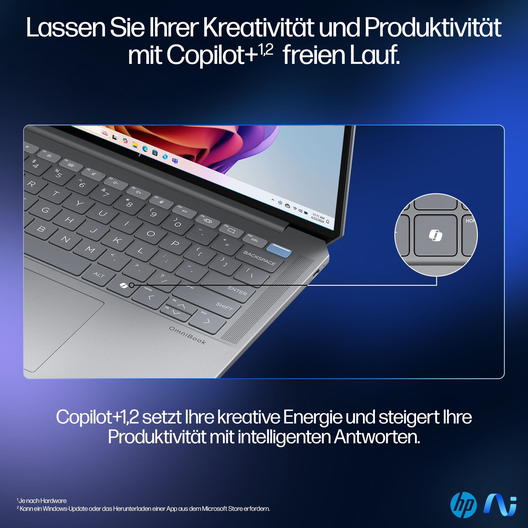 Klawiatura laptopa na pierwszym planie, ekran wyświetla kolorowy obraz. Logo HP i AI w tle.