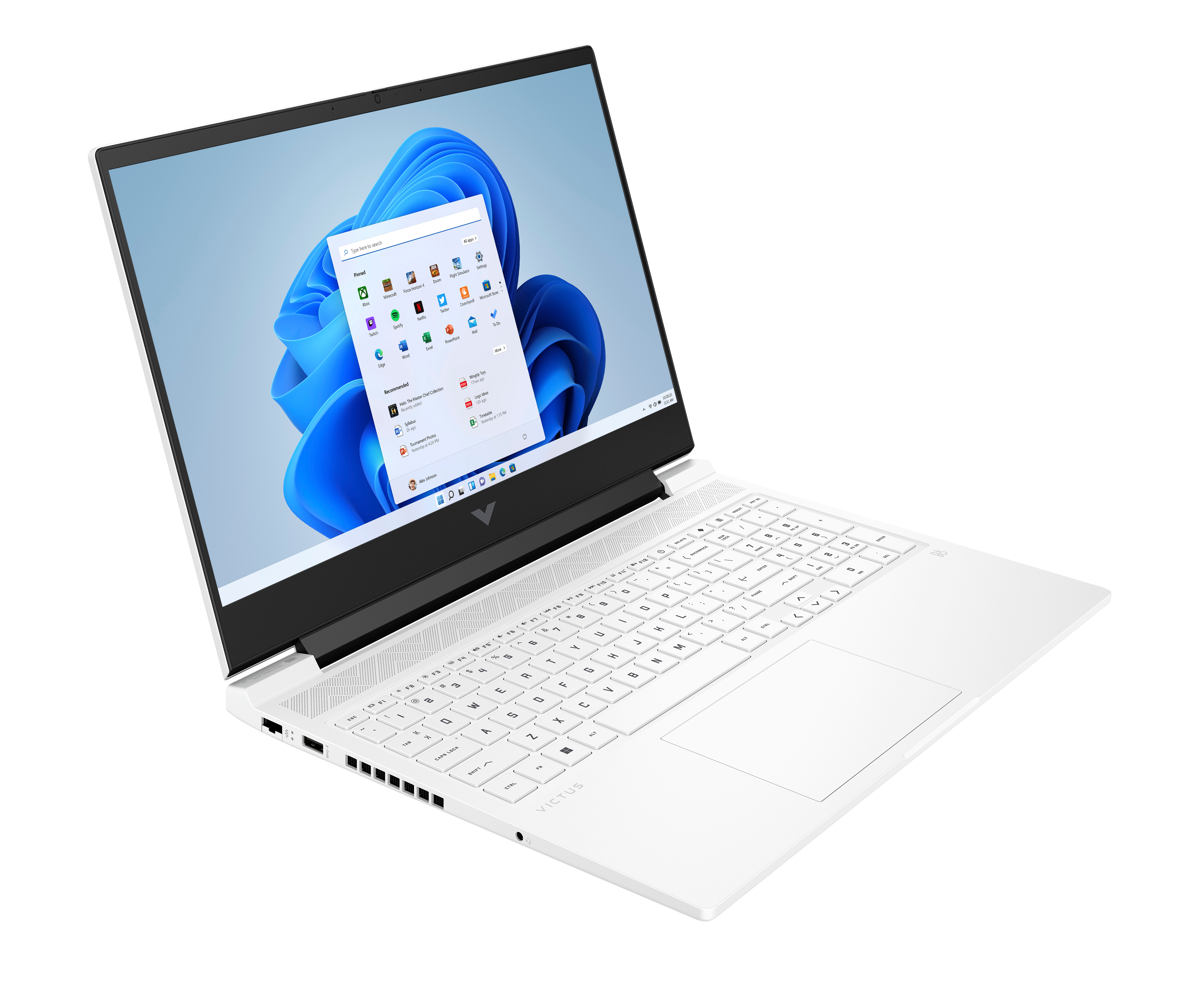 Biały laptop Victus jest otwarty, wyświetlając system Windows 11. Widoczna klawiatura. Niebieskie tło Windows.