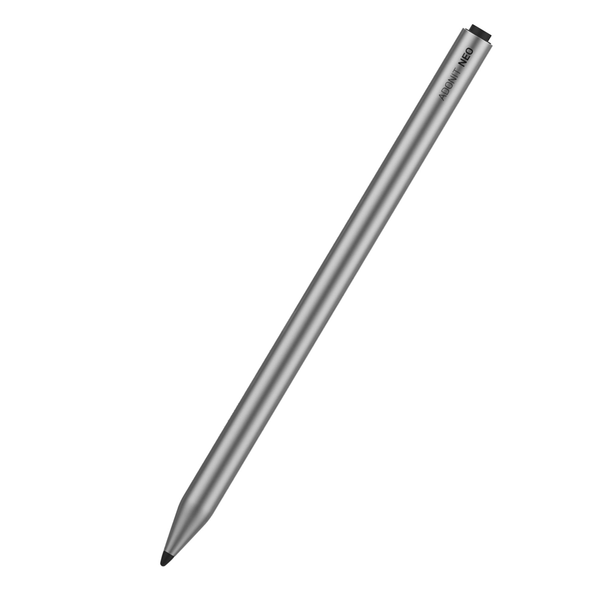 Una penna stilo argentata, ADONIT NEO, è posizionata diagonalmente su sfondo bianco. La penna ha la punta nera.
