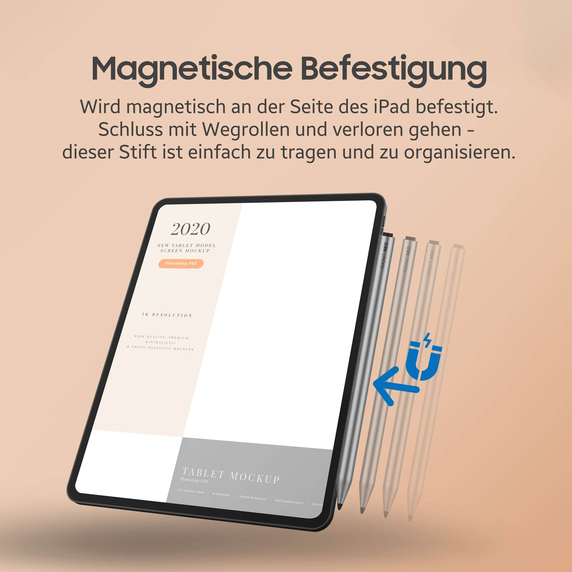 Tablet con penna e testo: Attacco magnetico. La penna si attacca magneticamente all'iPad. Facile da trasportare e organizzare.