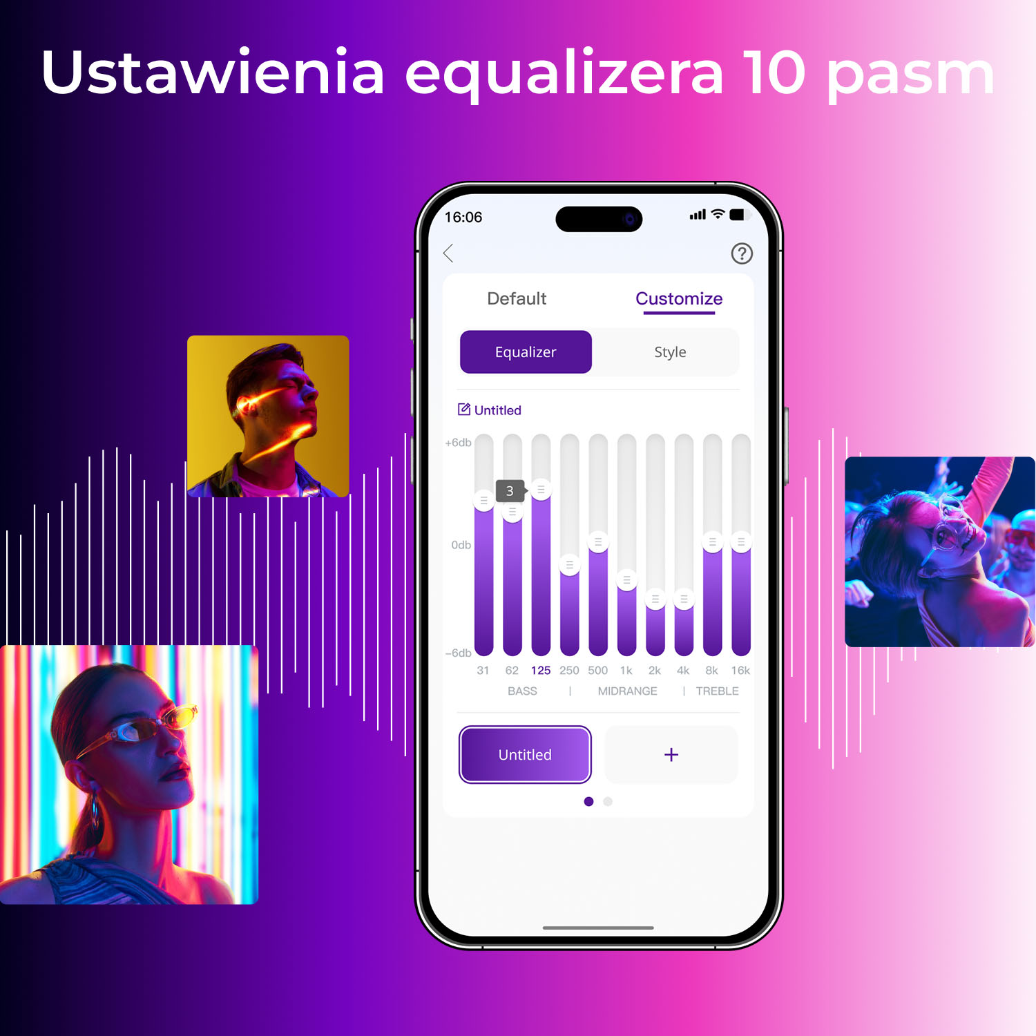 Telefon wyświetla interfejs korektora z fioletowym gradientem. Zawiera obrazy ludzi i falę dźwiękową.