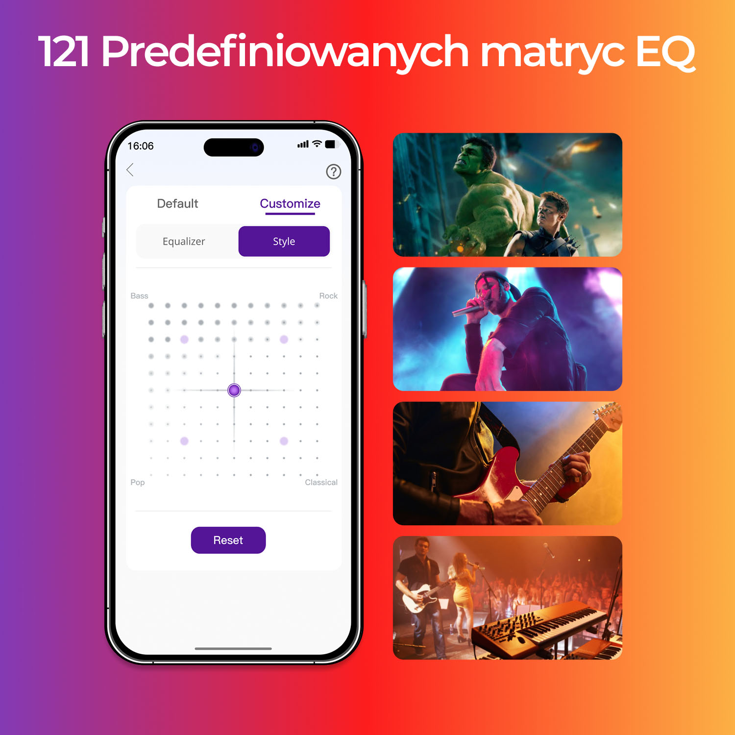 Interfejs aplikacji wyświetlający ustawienia korektora na smartfonie z obrazami związanymi z muzyką.