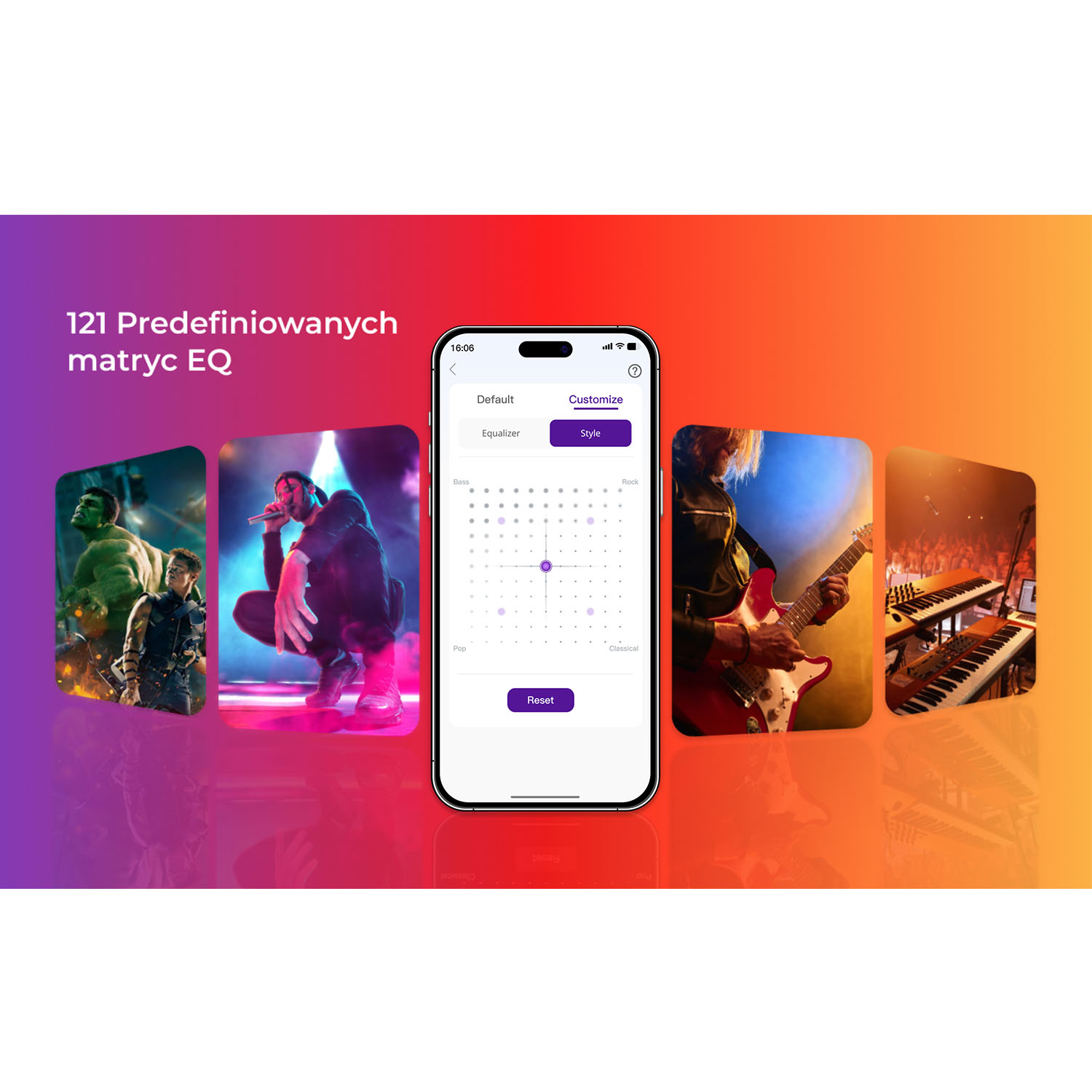 Interfejs aplikacji na smartfonie z ustawieniami korektora. Obrazy muzyka grającego na gitarze, koncertu i inne grafiki.