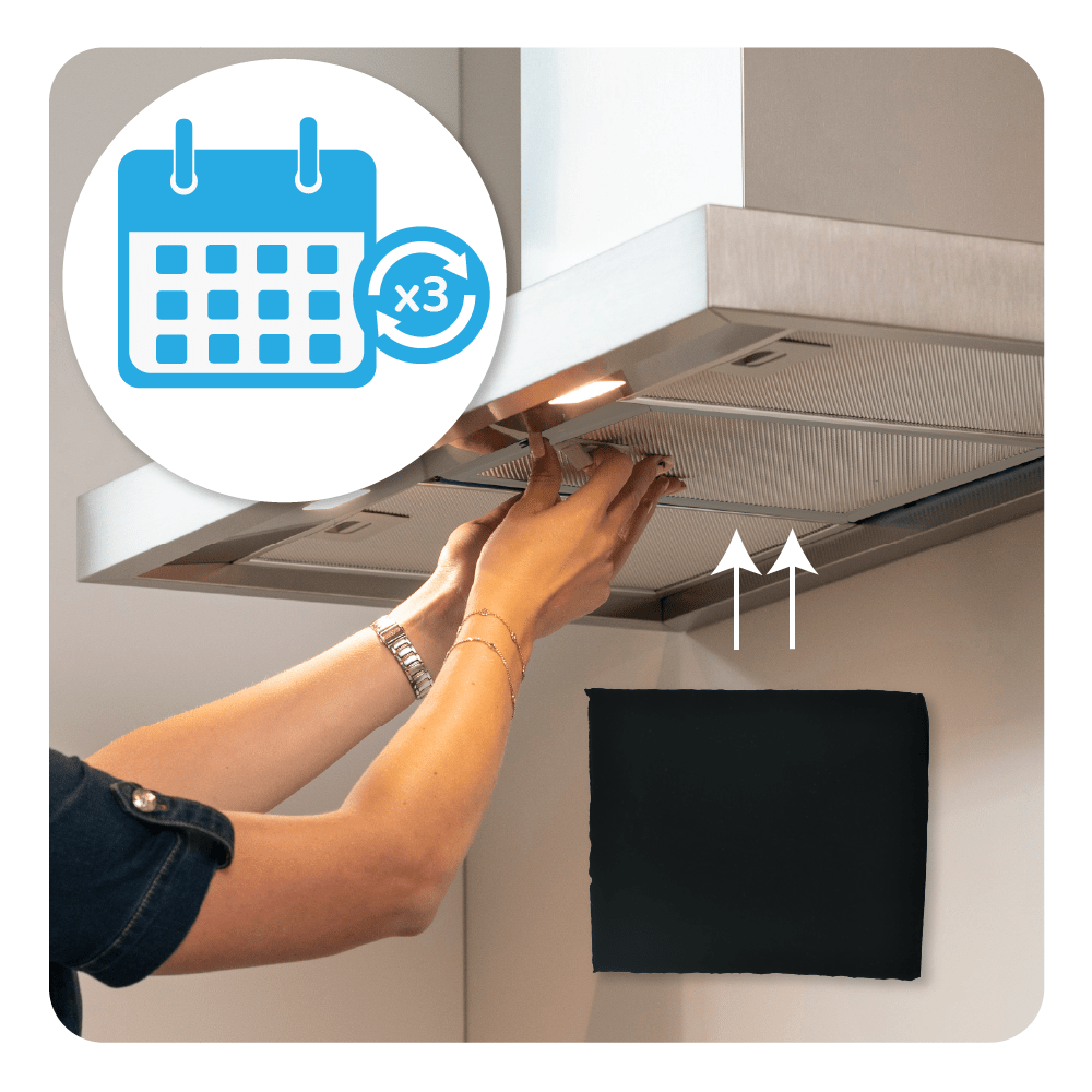 Le mani di una donna rimuovono un filtro da una cappa da cucina. L'immagine include un'icona del calendario con un simbolo 'x3'.