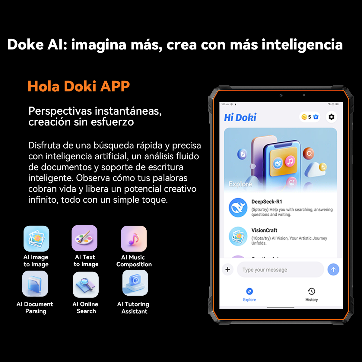 Tableta que muestra la interfaz de la aplicación Hi Doki, mostrando funciones de IA con búsqueda y soporte.
