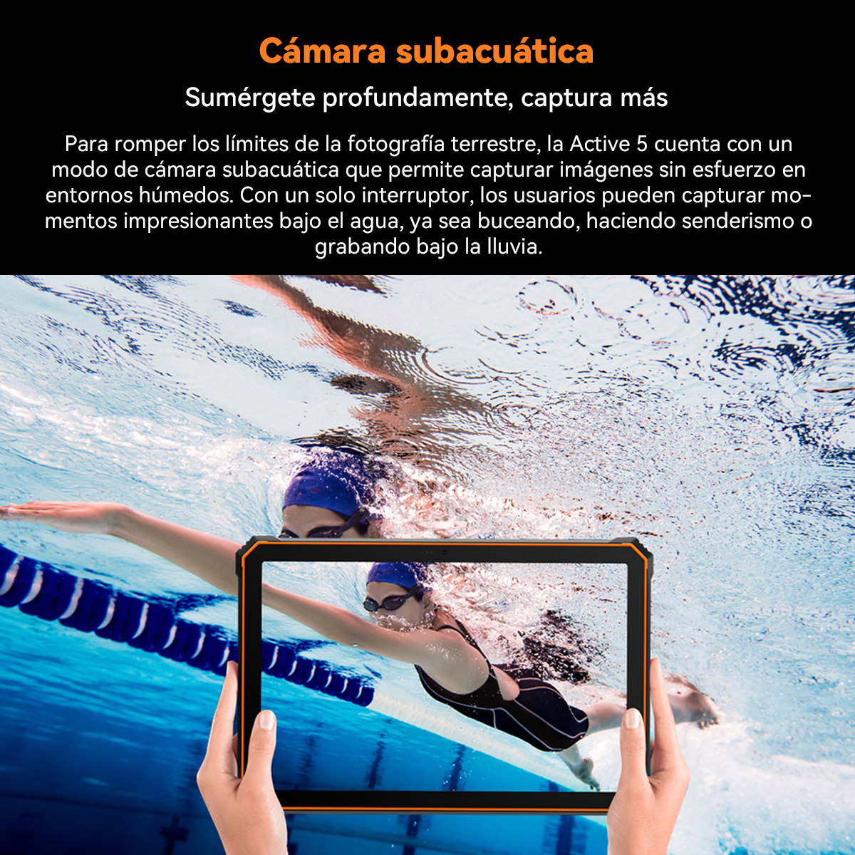 Una tableta muestra a una nadadora bajo el agua. La escena es una piscina, con agua y burbujas. La tableta la sostiene una persona.