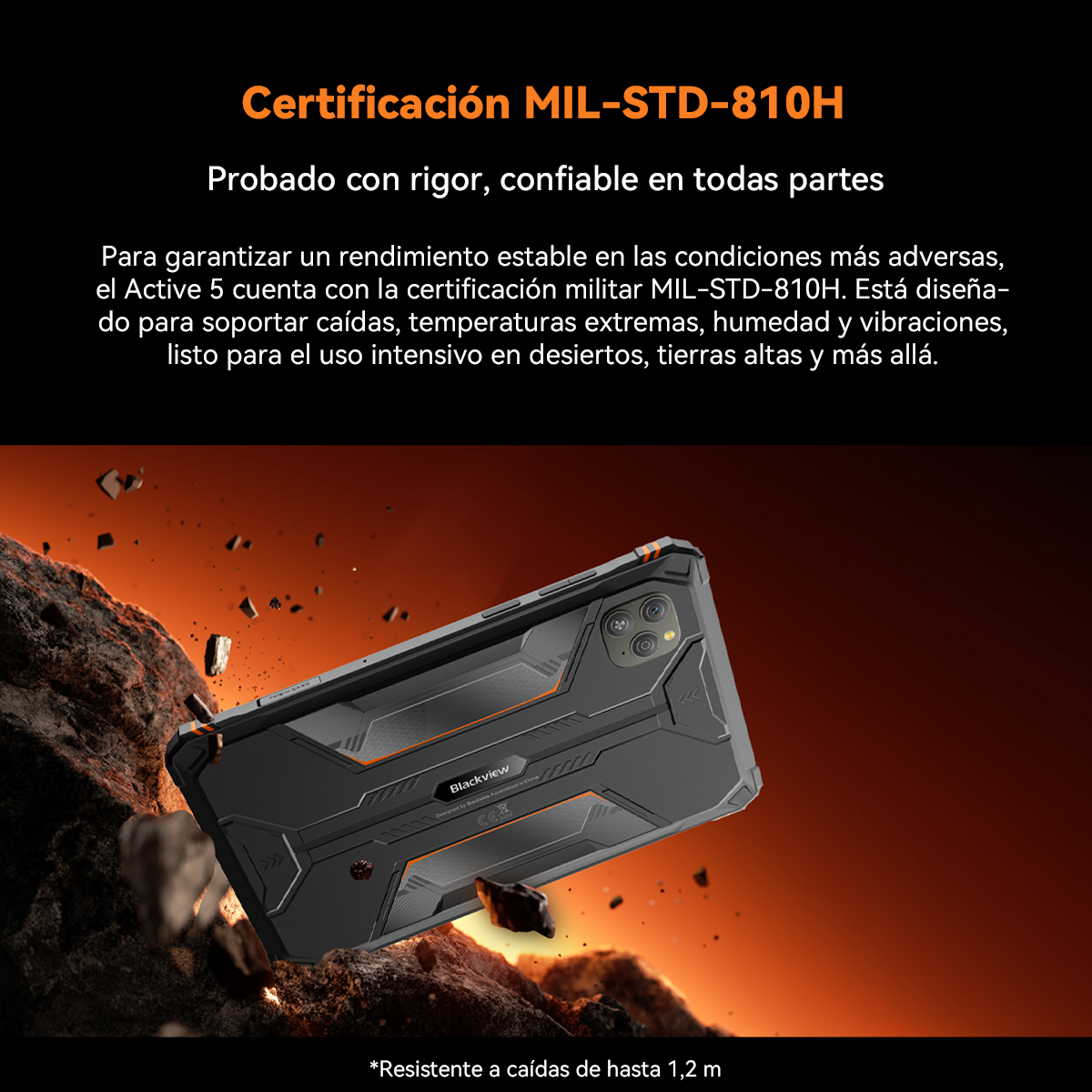 Funda de teléfono Blackview en una toma dinámica. La funda es negra con detalles en naranja. También se ven rocas y un fondo ardiente.