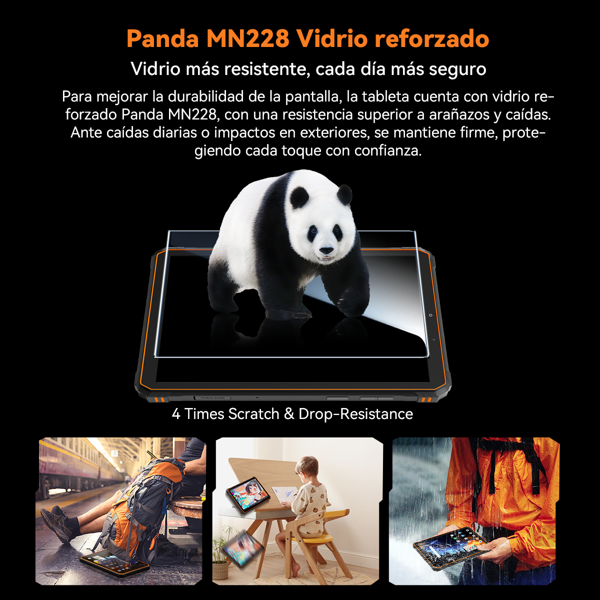 La imagen muestra una tableta que muestra un panda con resistencia a arañazos y caídas. Destaca la durabilidad de la pantalla.