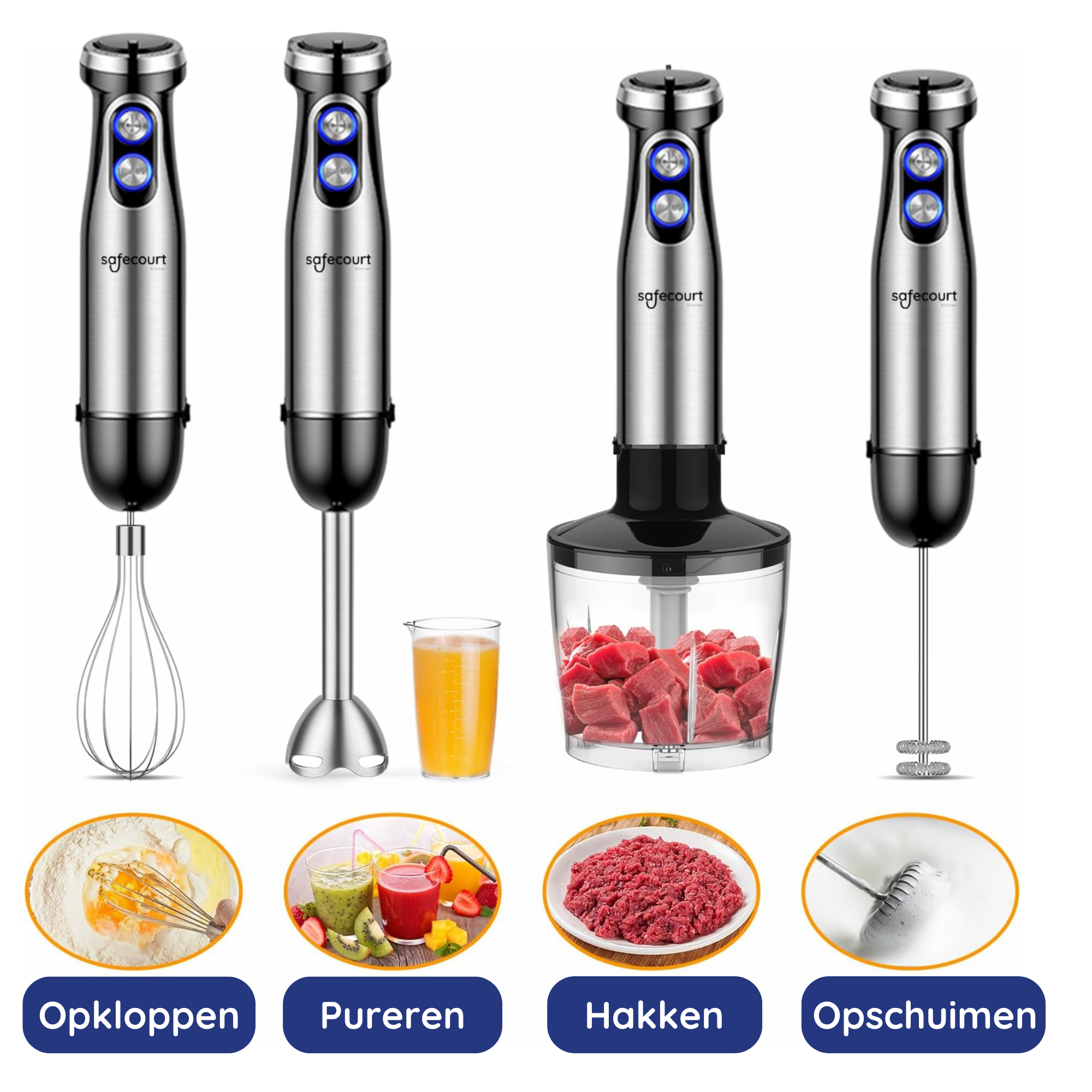 An image shows a set of immersion blenders with different attachments and ingredients for various food preparation tasks.