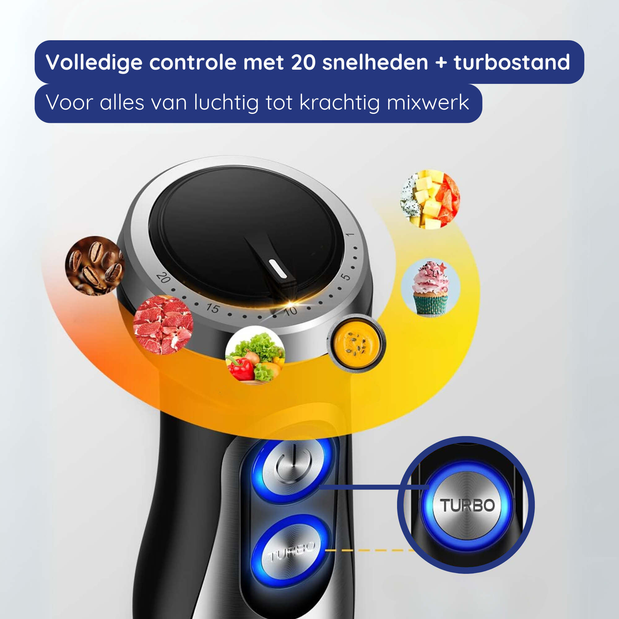 Handheld blender with speed settings and turbo button. Images show food samples like coffee beans, meat, vegetables, and a cupcake.