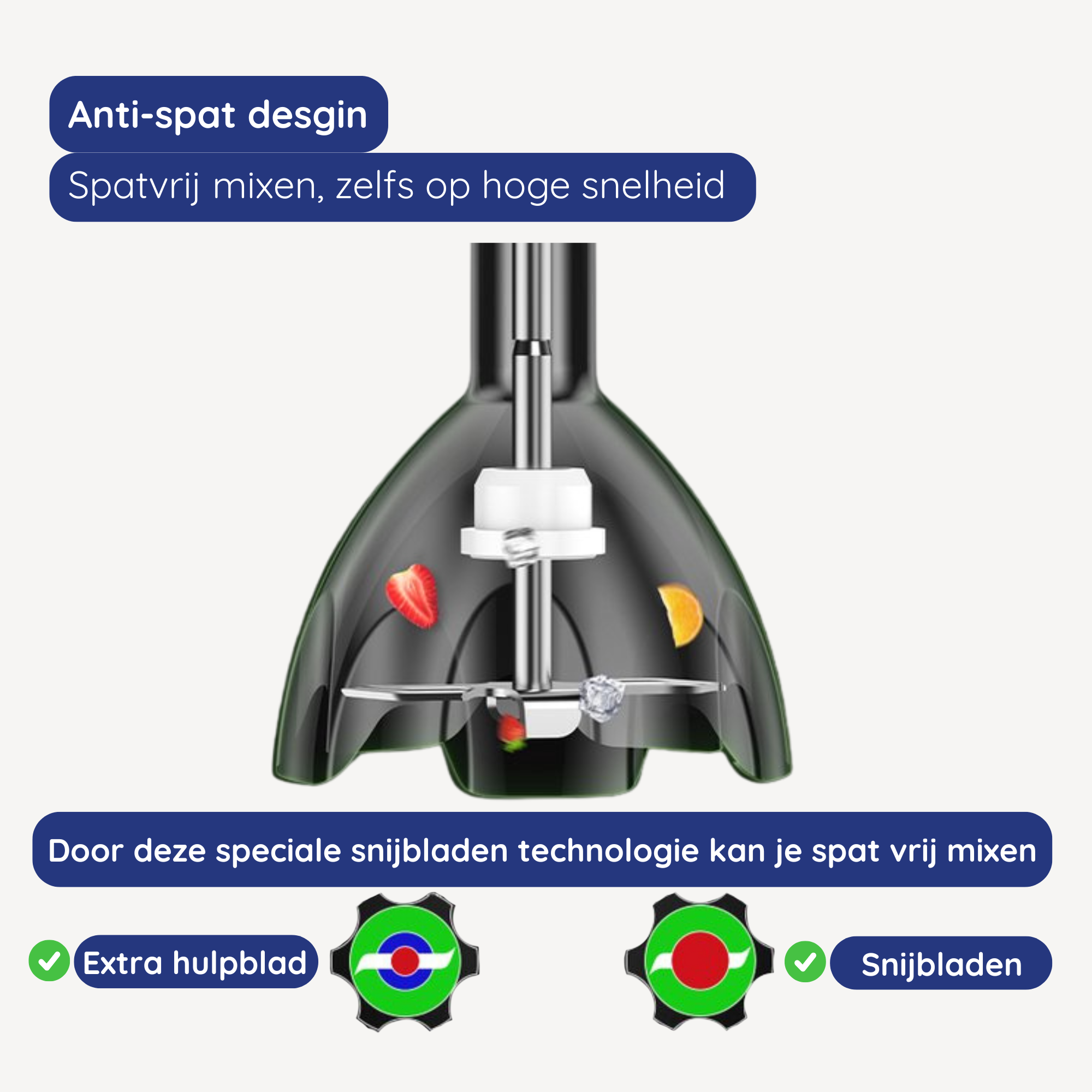 An anti-splash blender with fruit and ice cubes, and text in Dutch. The text says 'anti-splash design' and 'splash-free mixing'.