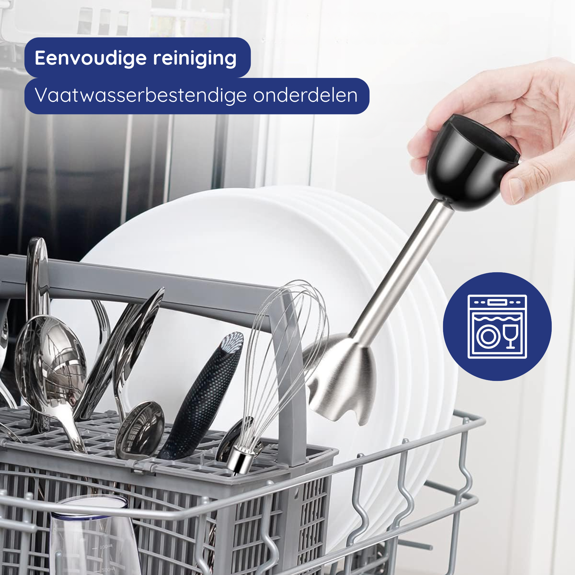 A hand holds a black and silver blender above a dishwasher filled with dishes and utensils. Text on top: Easy cleaning.
