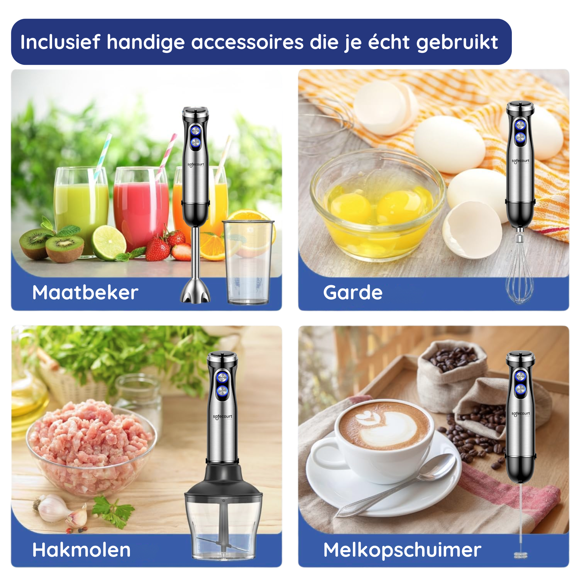 Image shows a blender with accessories: juice glasses, eggs, minced meat, and a coffee cup with milk foam.