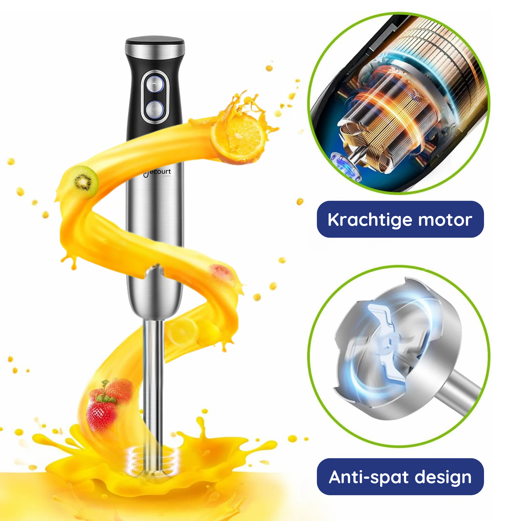 Hand blender with fruits and juice, and engine detail illustrations. Features include strong motor and anti-spat design.