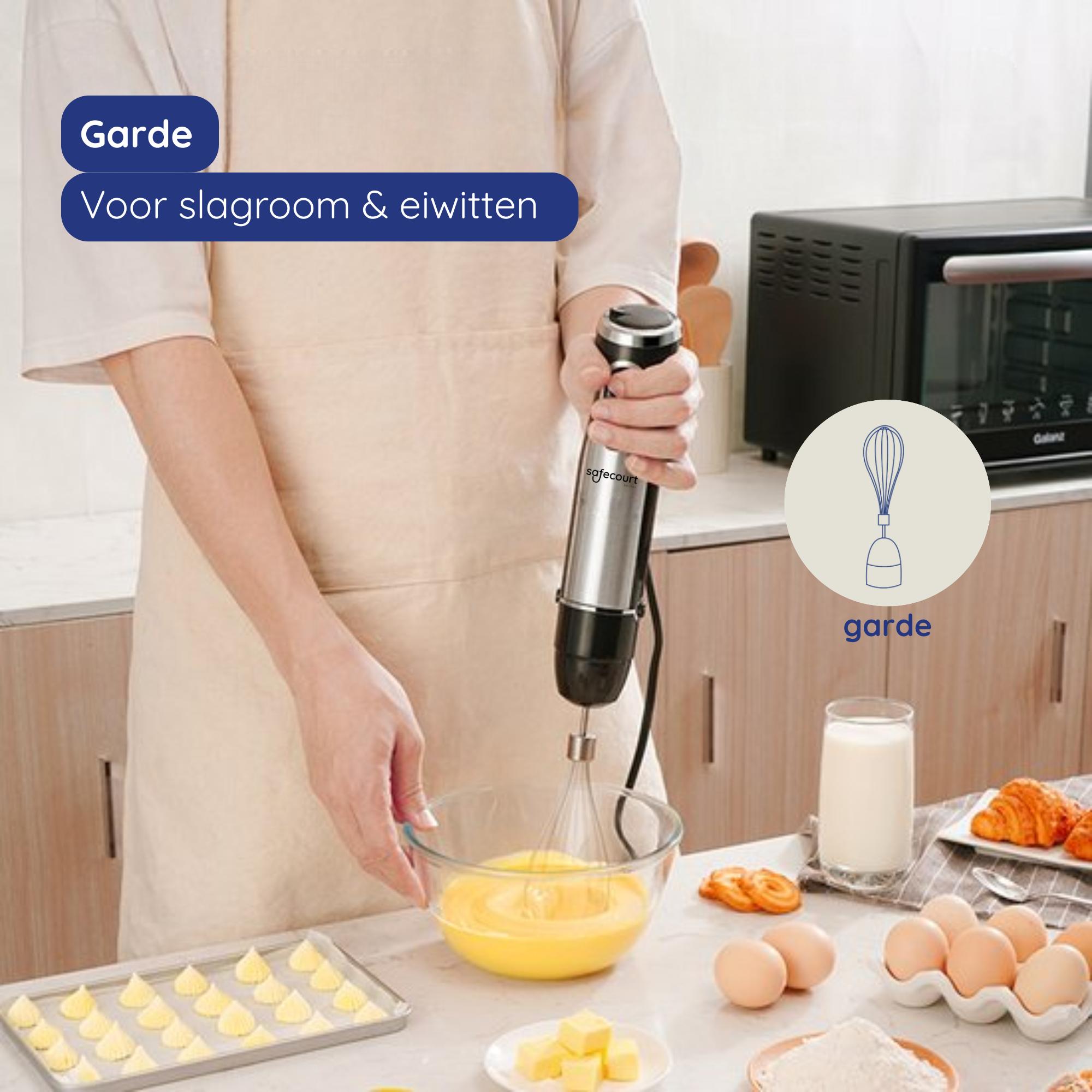 A person is using a hand mixer to beat eggs in a bowl. Ingredients like eggs, butter, and flour are on the table.