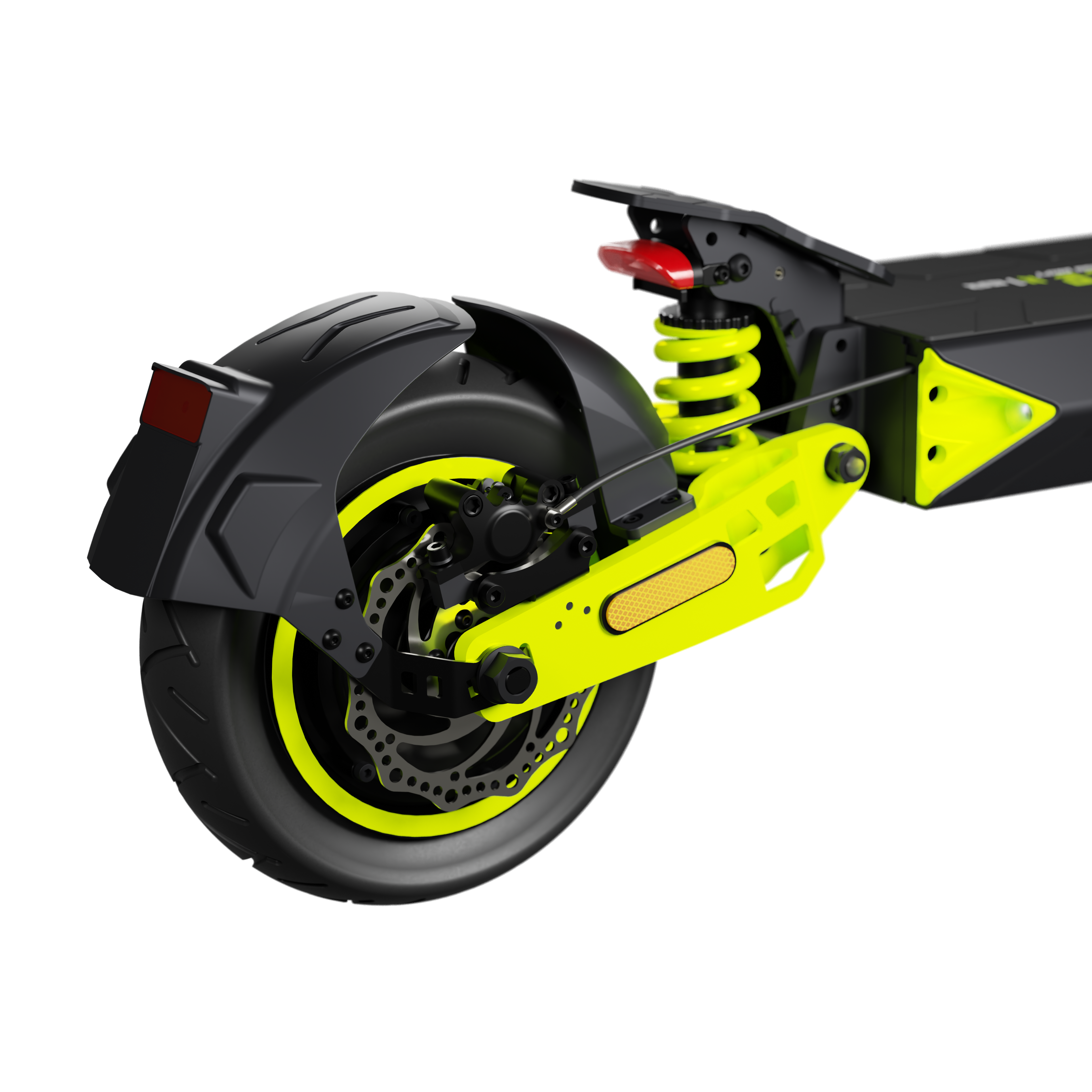 Zbliżenie tylnej części hulajnogi elektrycznej. Czarna opona, neonowożółte akcenty. Czerwony odblask i sprężyny widoczne.