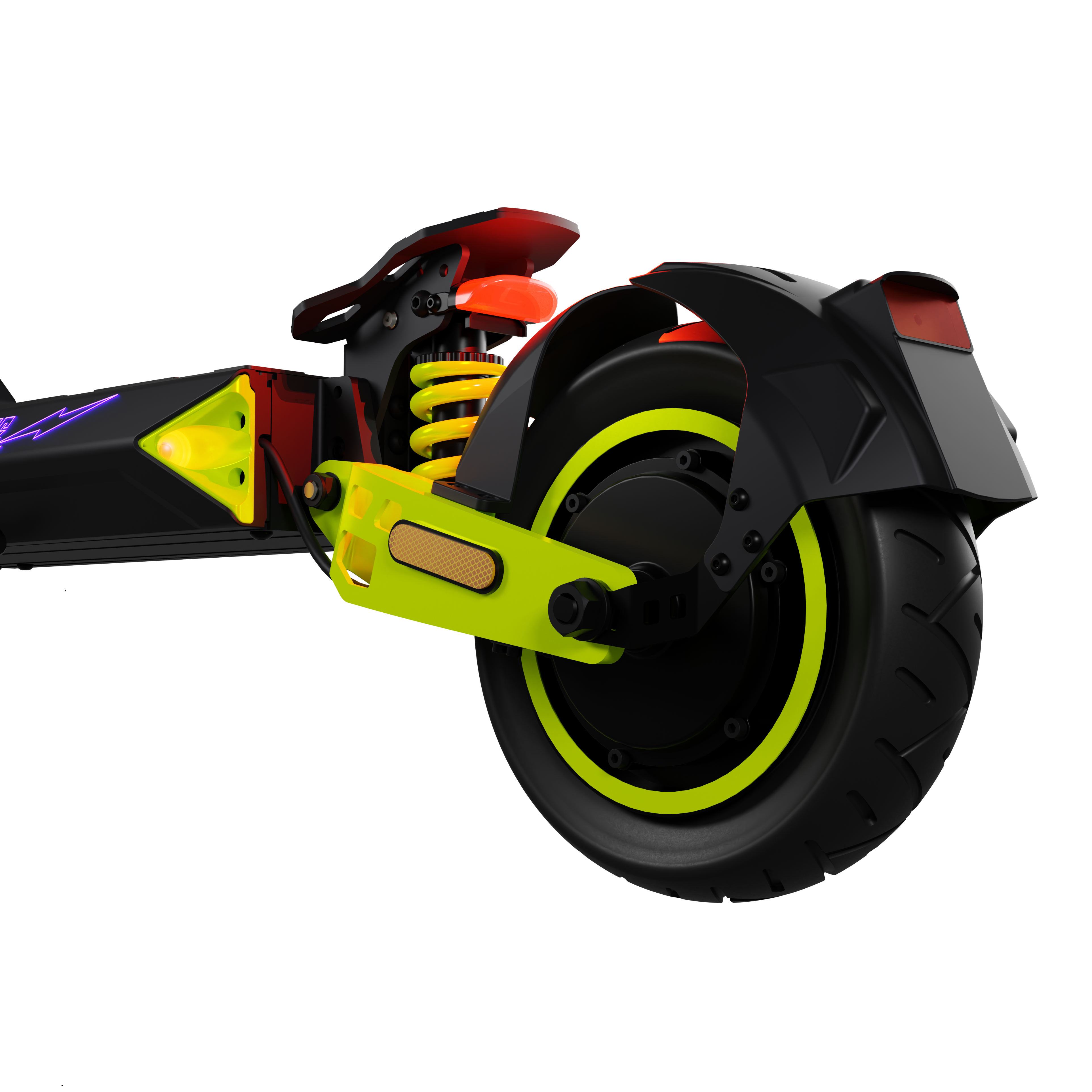 Zbliżenie tylnego koła skutera elektrycznego. Czarna opona z żółtą obręczą. Żółte zawieszenie i czerwono-czarne elementy ramy.