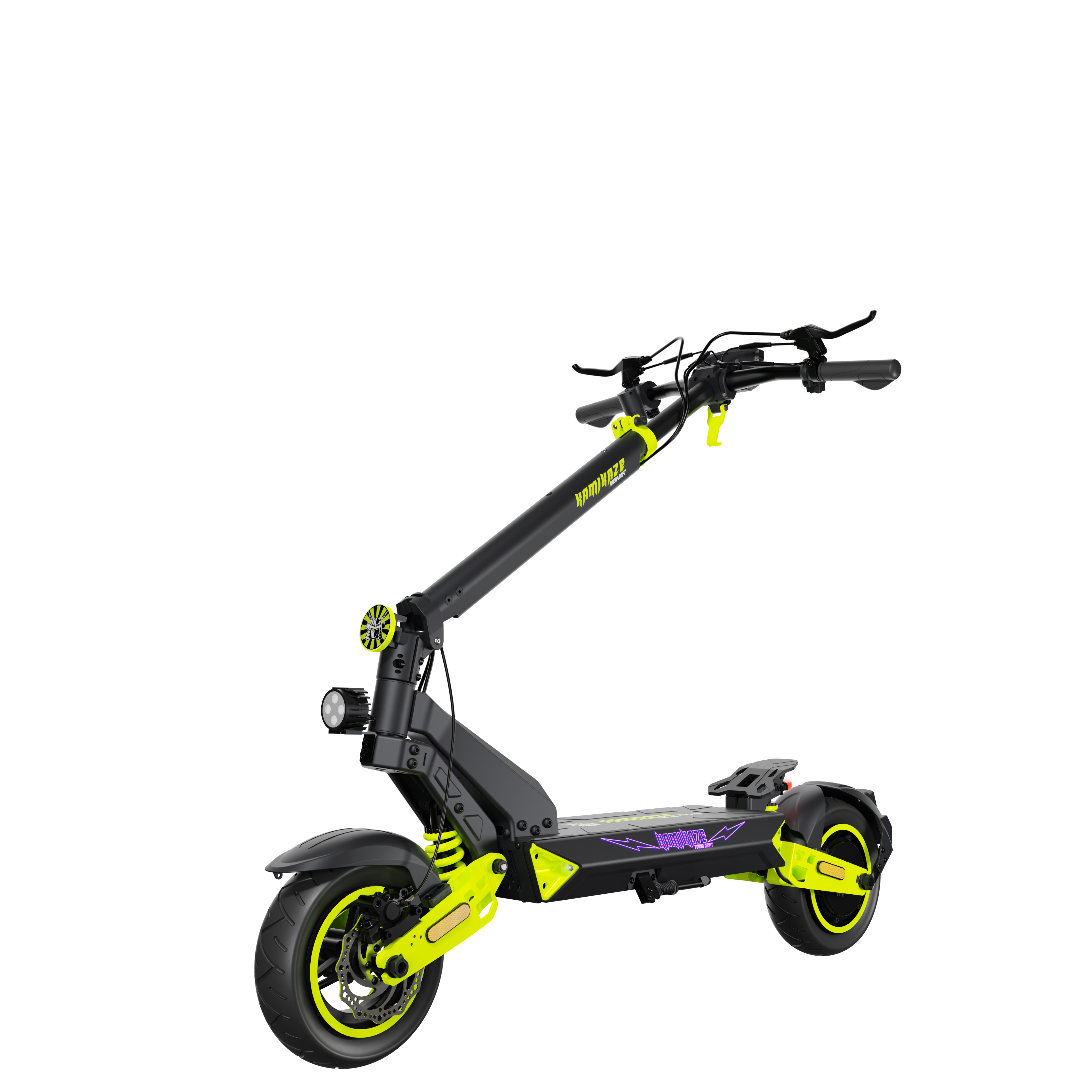 Scooter elettrico nero e verde neon su sfondo nero. Ha un faro e il nome del marchio sullo stelo.
