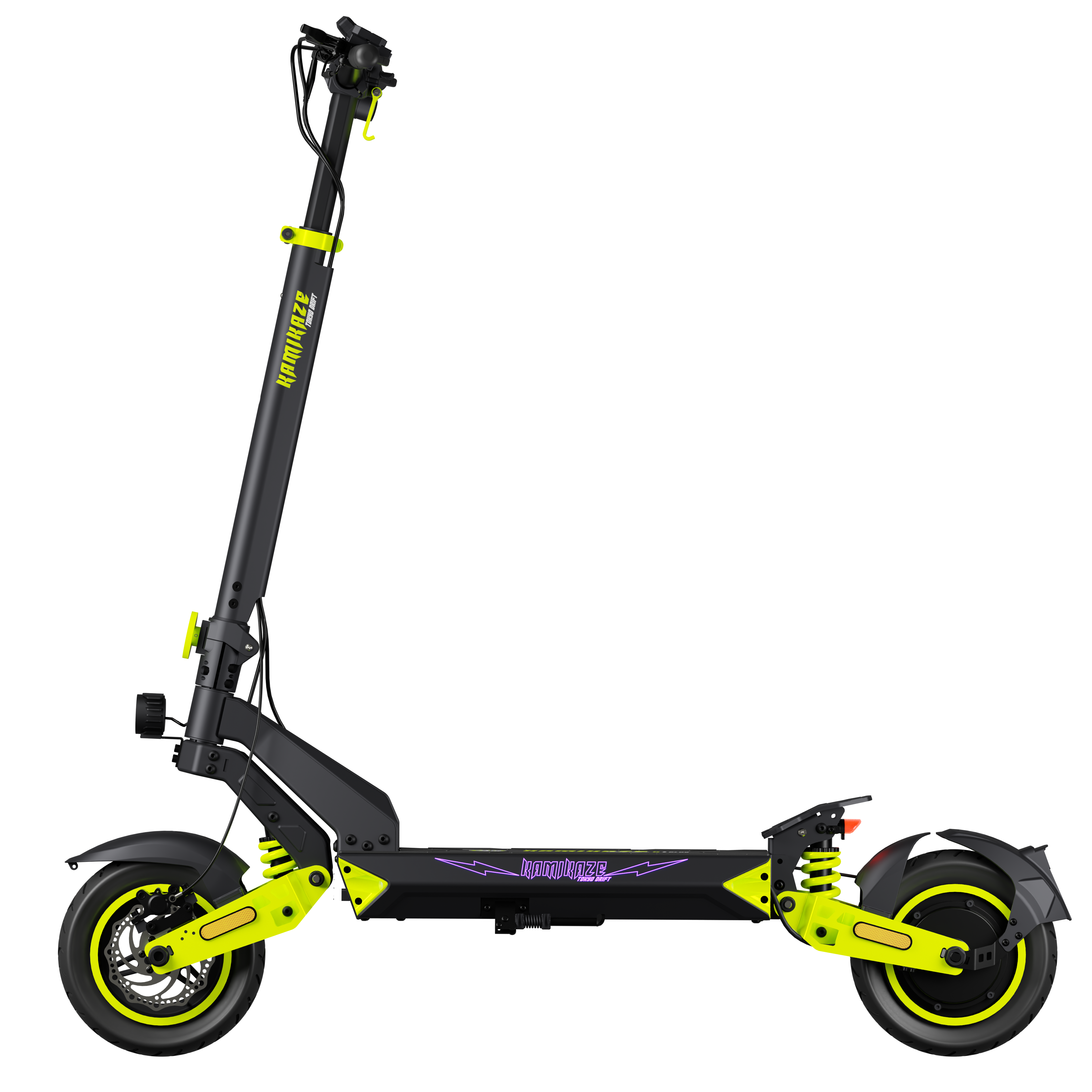 Czarna hulajnoga elektryczna z neonowo-żółtymi akcentami, kołami i zawieszeniem, na czarnym tle.