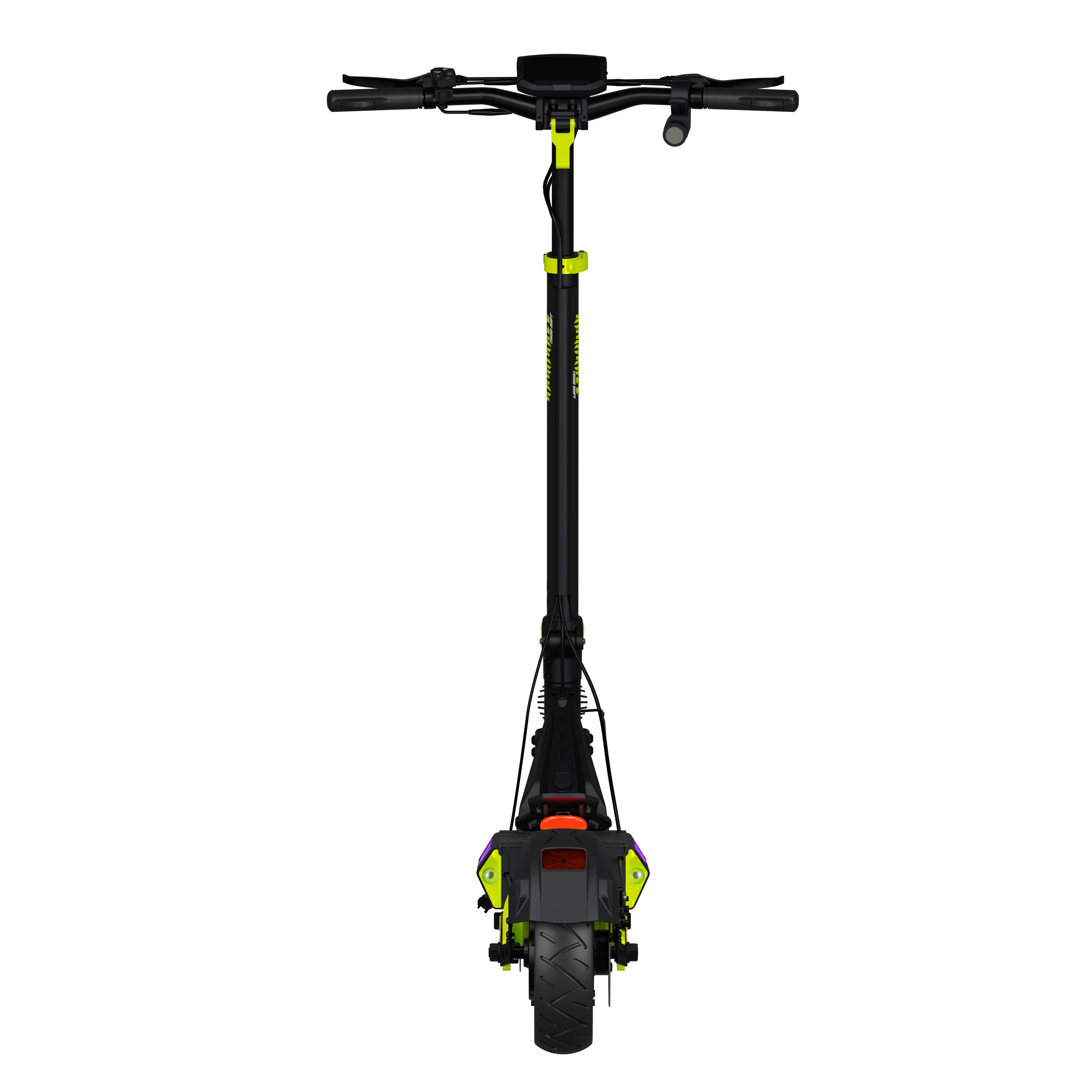 Scooter elettrico nero e giallo su sfondo nero. Dettagli: manubrio, stelo e ruote.