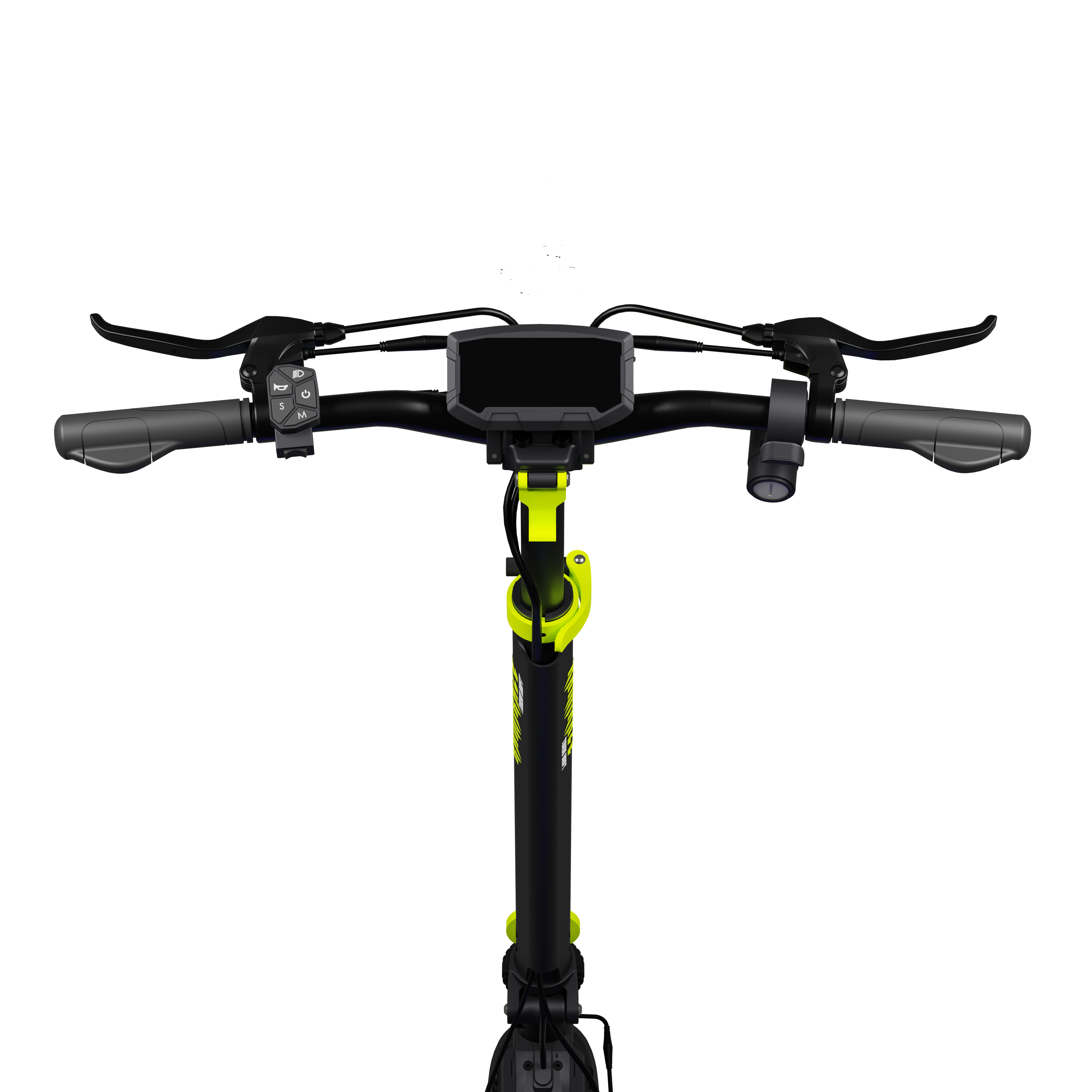 Zbliżenie kierownicy czarnej hulajnogi elektrycznej. Ma wyświetlacz, elementy sterujące i dźwignie hamulca na czarnym tle.