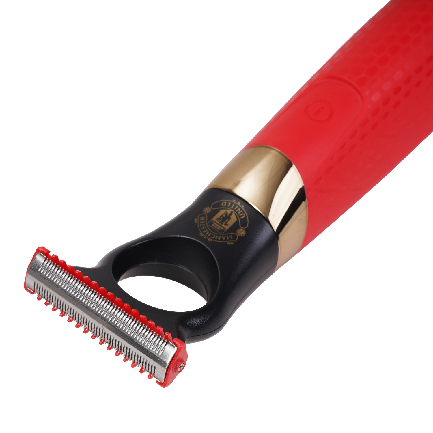 Una afeitadora eléctrica roja y negra. La afeitadora tiene una cuchilla plateada con detalles rojos y el logo del Manchester United.