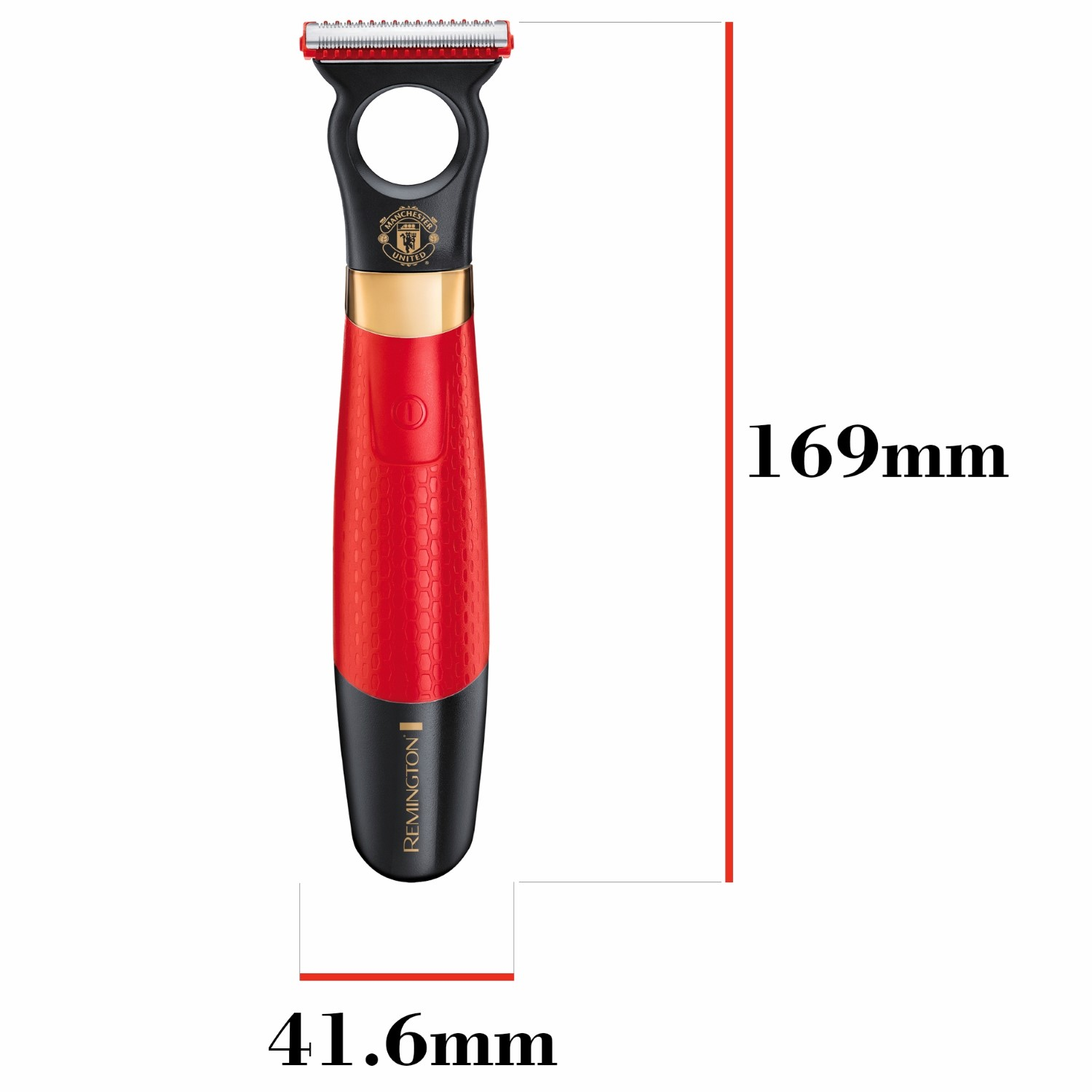 Una recortadora de barba Remington roja y negra con el logo del Manchester United. Dimensiones: 169 mm de largo y 41,6 mm de ancho.