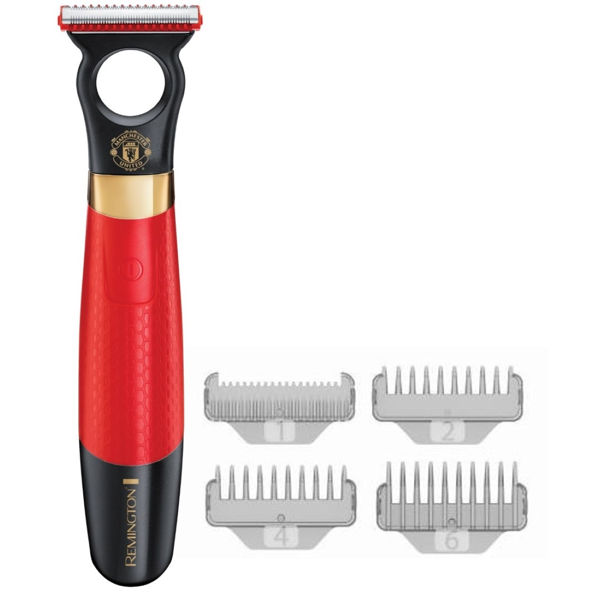 Una afeitadora Remington roja y negra con el logo del Manchester United, con cuatro cabezales diferentes. La afeitadora está sobre un fondo blanco.