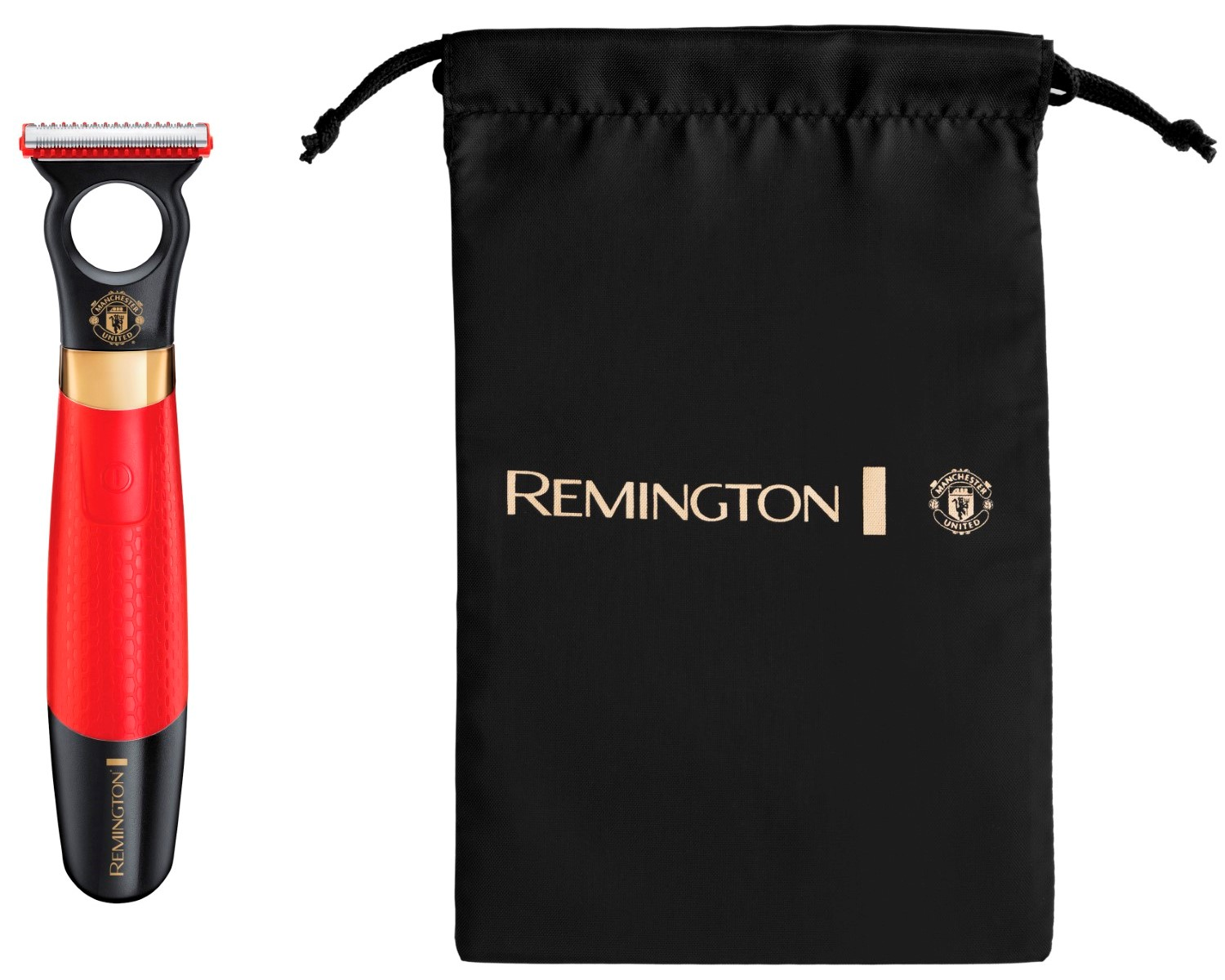 Una recortadora Remington roja y negra con el logo del Manchester United. Una bolsa negra tiene el logo de Remington y MU.