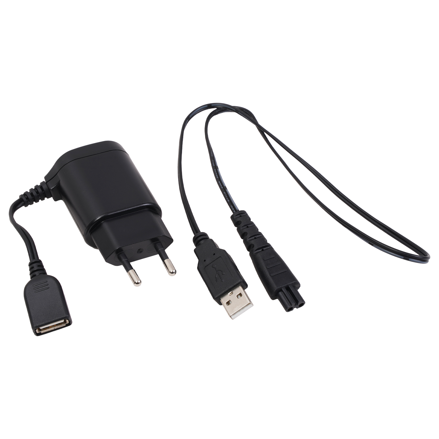 Un cargador negro con múltiples cables. Uno tiene puerto USB, otro un enchufe. Todo sobre fondo blanco.