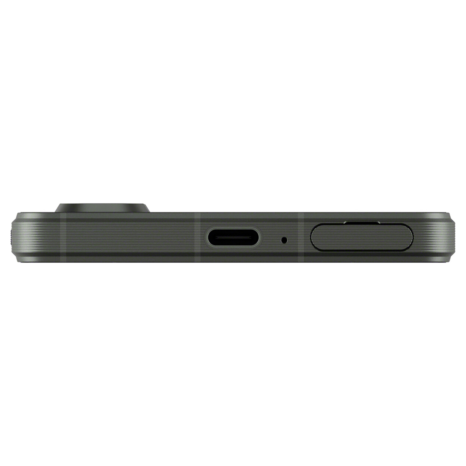 Vista lateral de un smartphone gris oscuro, con puerto USB-C, botón y protuberancia de cámara. Fondo blanco.