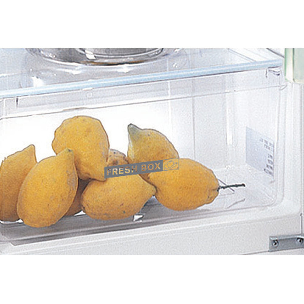 Limoni in un cassetto del frigorifero. Limoni gialli in un contenitore di plastica trasparente con l'etichetta "FRESH BOX" all'interno di un frigorifero bianco.
