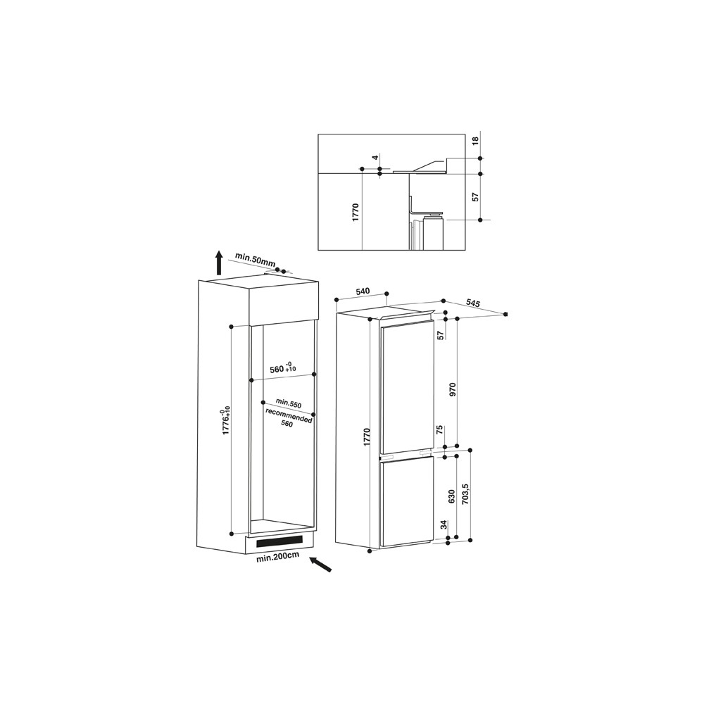Disegno tecnico di un frigorifero, che mostra dimensioni e spazi liberi. Include viste dall'alto e frontali con misure in millimetri.