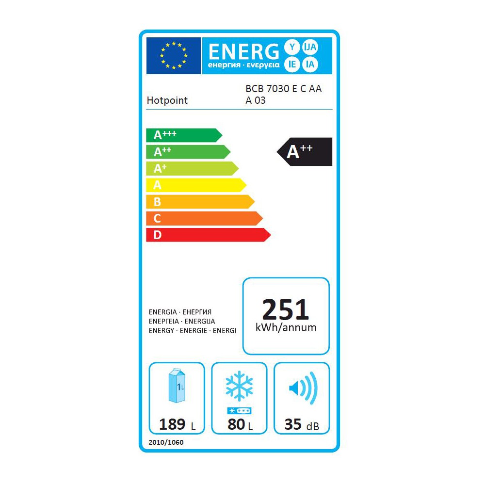 Etichetta energetica per un frigorifero Hotpoint. Mostra efficienza, consumo e dettagli capacità.