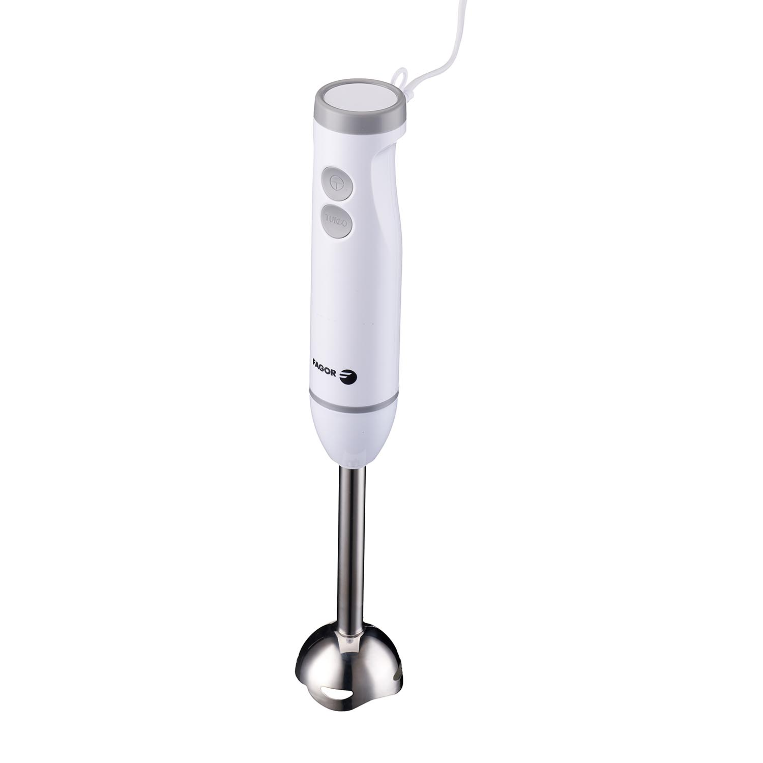 Una batidora de inmersión Fagor blanca, con cuchilla plateada. Tiene botón de encendido/apagado y opción turbo. El cable es blanco.