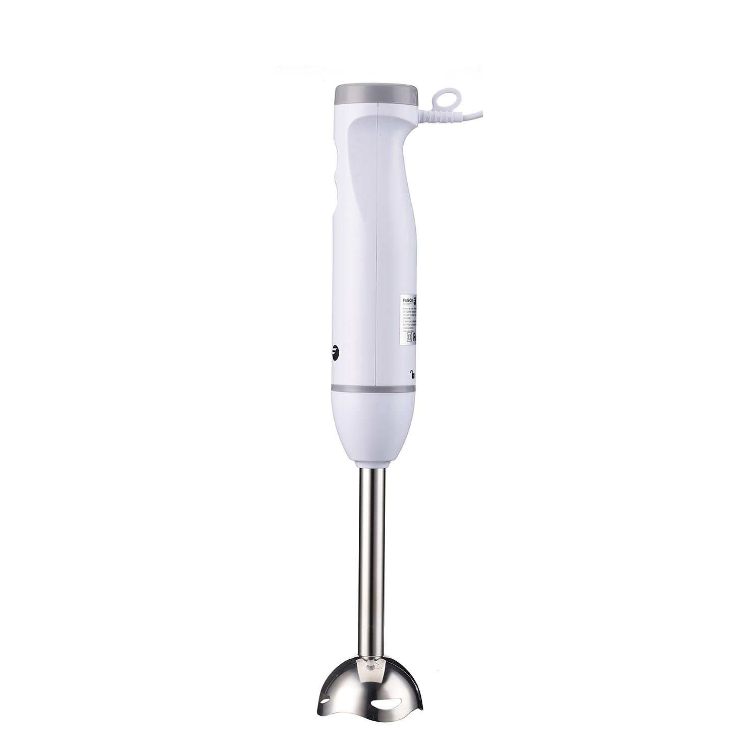 Una batidora de mano blanca y gris. Tiene un eje de mezcla de acero inoxidable y un cable de alimentación. El fondo es blanco.