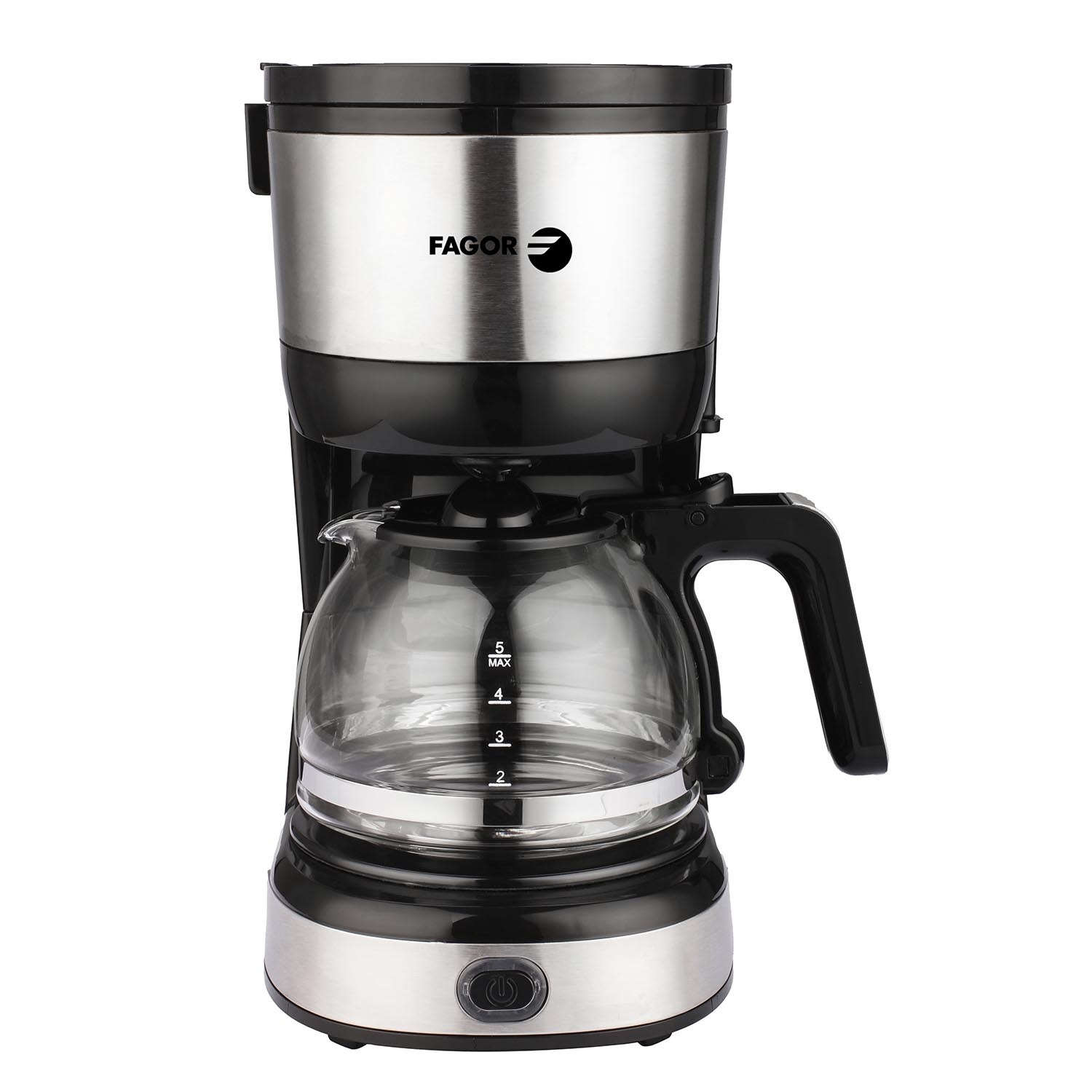 Una cafetera Fagor con una jarra de vidrio. Tiene una combinación de colores plateado y negro. La jarra tiene un asa negra y un cuerpo de vidrio transparente.