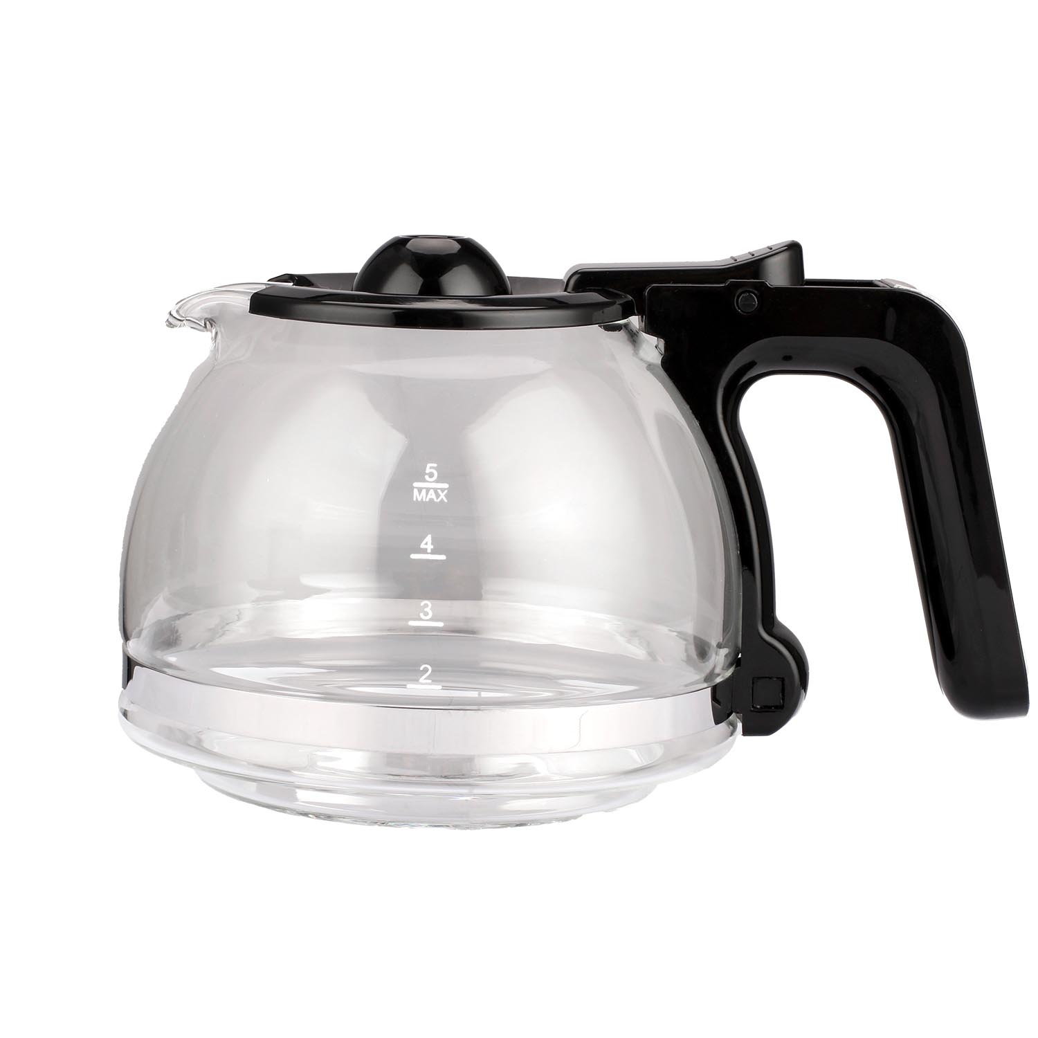 Una cafetera de vidrio transparente con asa, tapa y marcas negras para medir los niveles de líquido. La cafetera está sobre una superficie blanca.