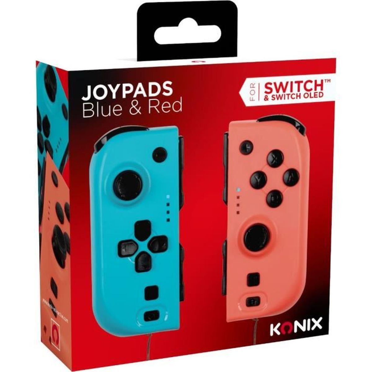 Pudełko z niebieskimi i czerwonymi Joy-Conami. Tekst: JOYPADS Niebieski i Czerwony, Dla Switch & Switch OLED. Marka: KONIX. Czarny uchwyt u góry.