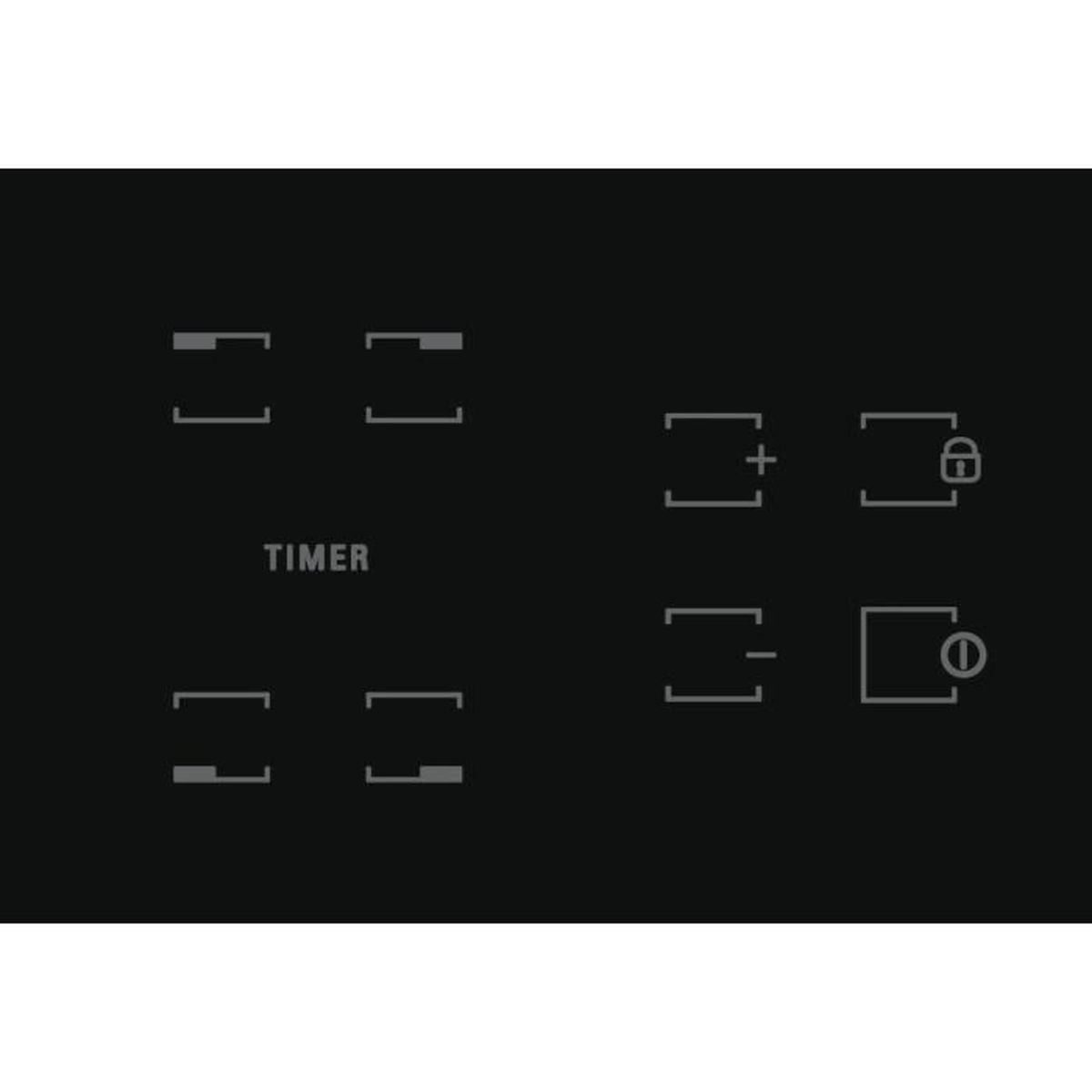 Czarna płyta grzejna z panelem sterowania. Zawiera timer, przyciski plus/minus, blokadę i symbole zasilania. Obecne są szare kwadratowe przyciski.
