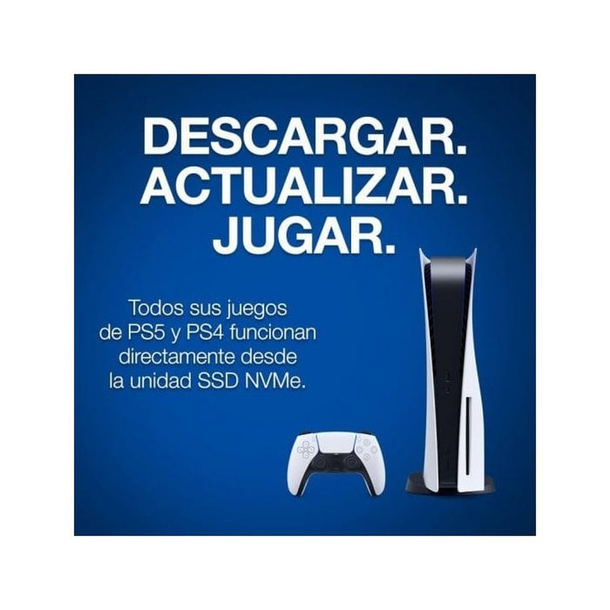 Reklama konsoli PS5. Pokazuje konsolę, kontroler i tekst 'Pobierz, Zaktualizuj, Graj' oraz tekst w języku hiszpańskim.