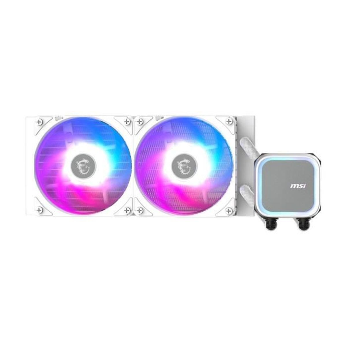 Dwa okrągłe wentylatory komputerowe z kolorowymi światłami LED. Po prawej stronie znajduje się kwadratowy komponent MSI.