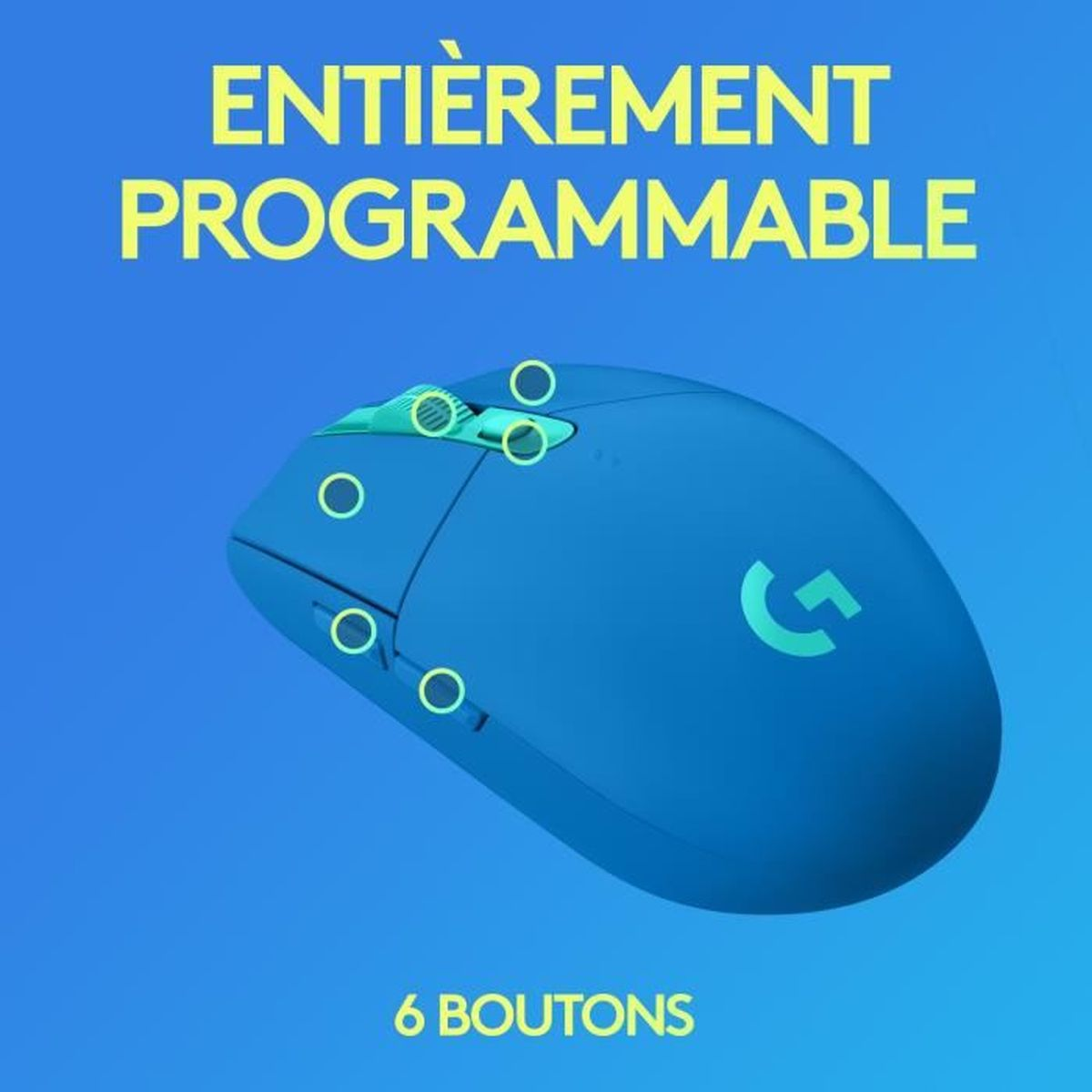 Niebieska mysz bezprzewodowa z tekstem 'Entièrement Programmable' i '6 Boutons'. Mysz ma logo 'G'.