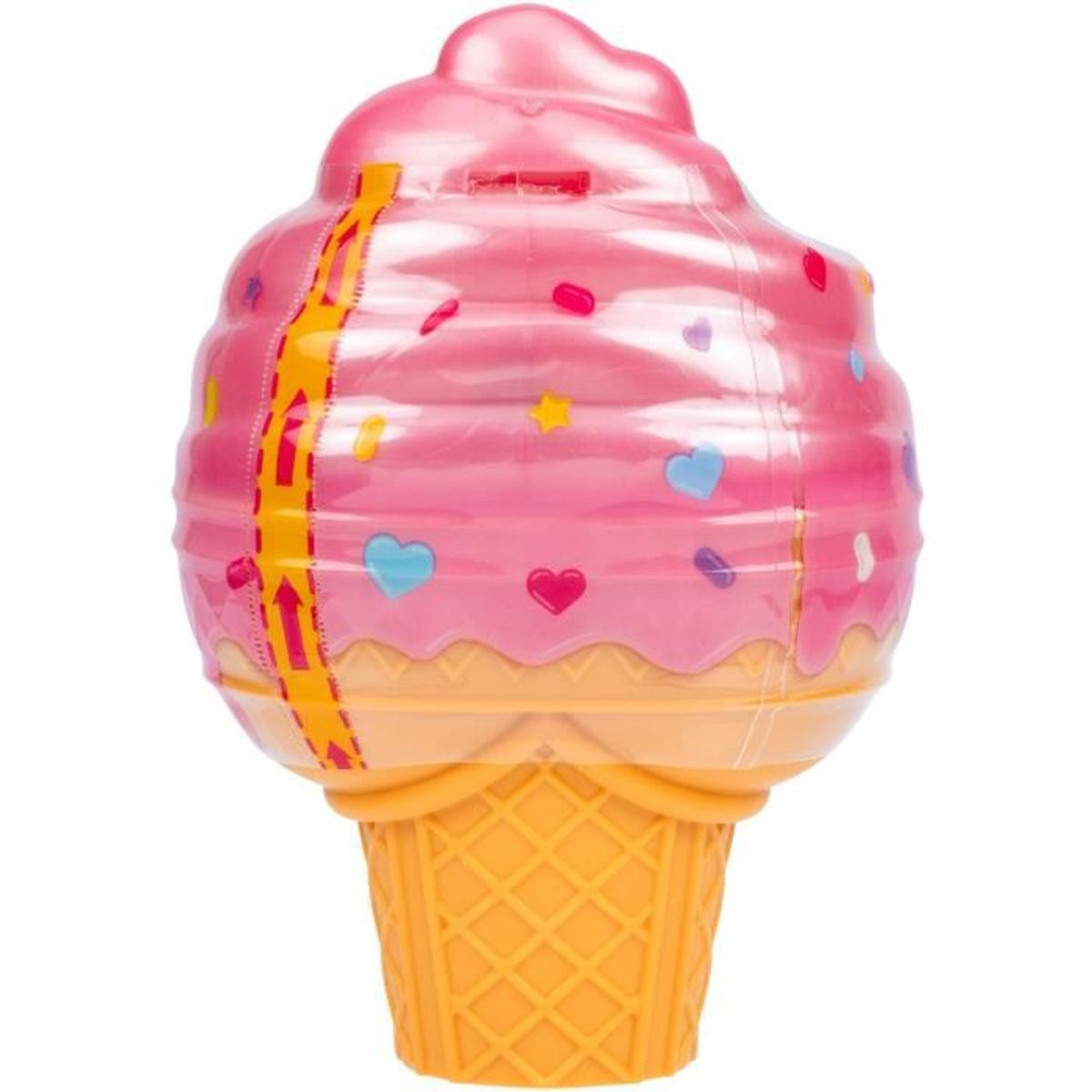 Różowe lody w wafelku. Ma kolorową posypkę i kształty serc. Wafelek jest pomarańczowy.