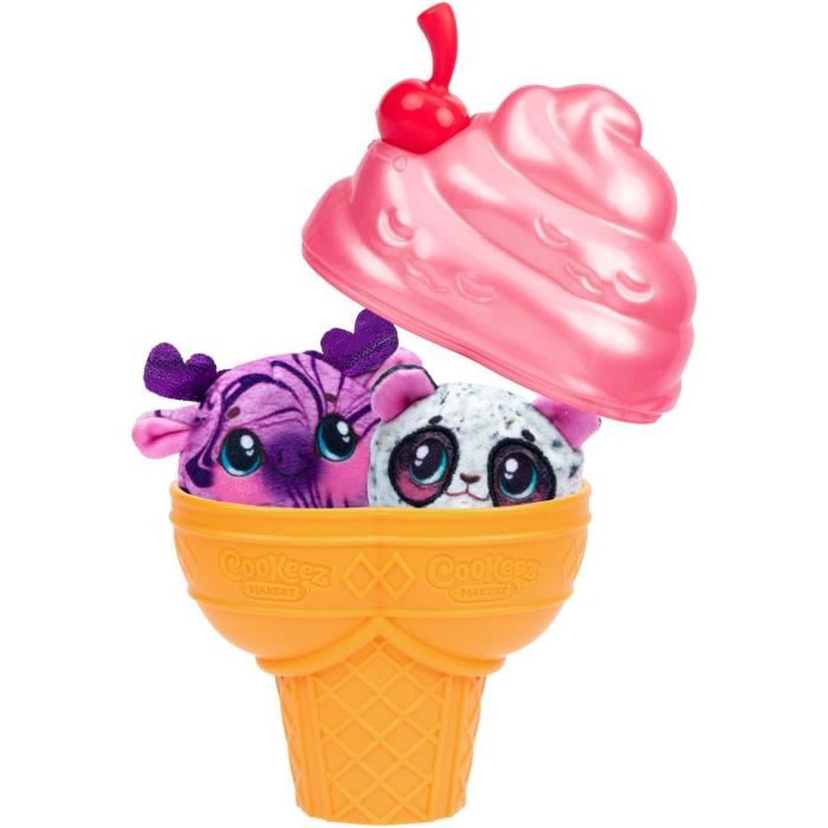 Zabawka w kształcie rożka lodowego z dwiema głowami pluszowych zwierzątek wystającymi. Ma różową górę z wiśnią i pomarańczowy rożek.