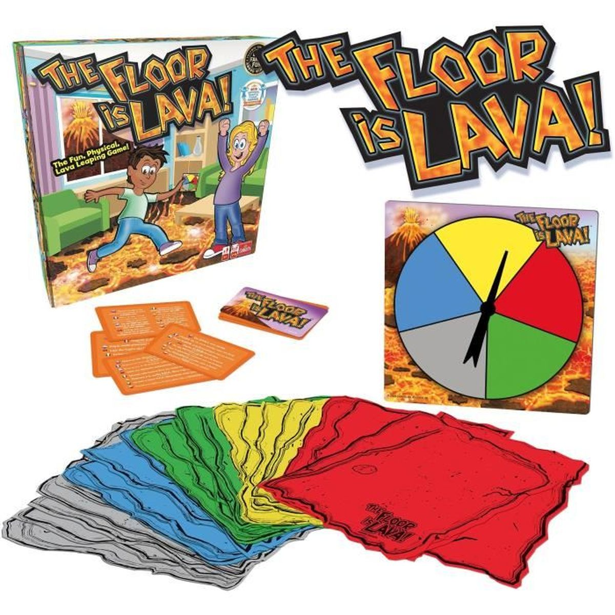 The Floor is Lava-spelset. Inclusief spelbord, kaarten, spinner en gekleurde stapstenen. De doos toont kinderen die over lava springen.