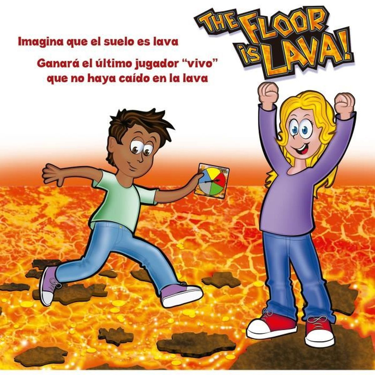 Twee kinderen spelen 'The Floor is Lava'. Eén springt, met een spelstuk. De ander heft de armen. Lava-achtergrond.