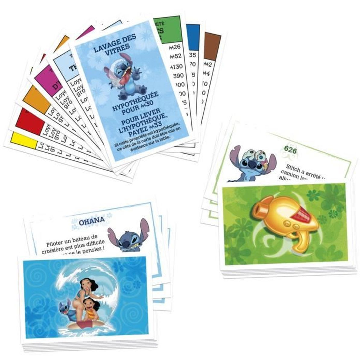 Carte del gioco Monopoly con Stitch, una nave da crociera e altri elementi, con testo in francese. Le carte sono su una superficie bianca.