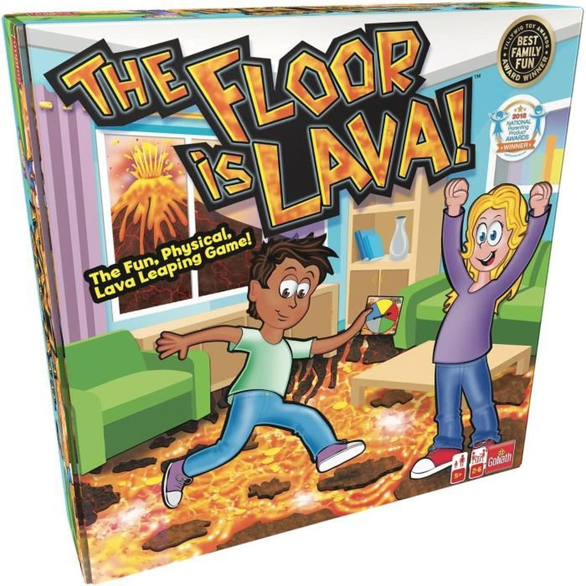 Doosontwerp voor het spel "The Floor is Lava". Toont kinderen die over lava springen. Een vulkaan staat op de achtergrond.