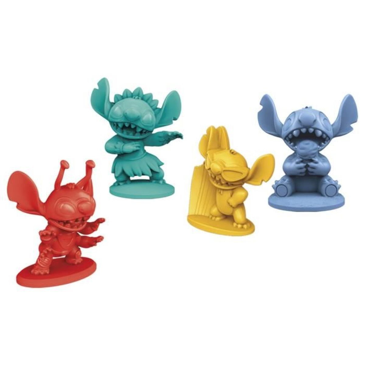 Quattro figurine di Stitch colorate: rosso, turchese, giallo e blu. Ognuna è in una posa diversa, con le grandi orecchie e il sorriso di Stitch.
